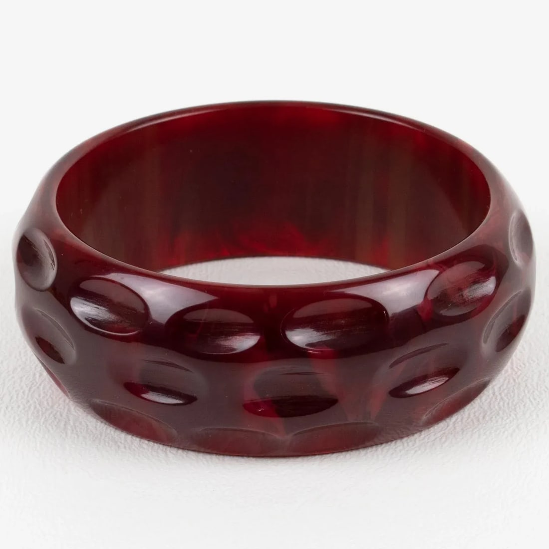 Bakelite Carved Bracelet Bangle Crimson Red Marble - 4