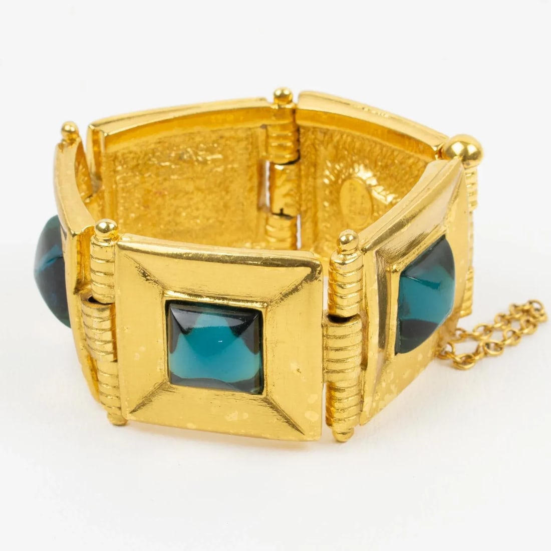 Jean Louis Scherrer Gilt Metal Jeweled Link Turquoise Resin Cabochon Bracelet - 2