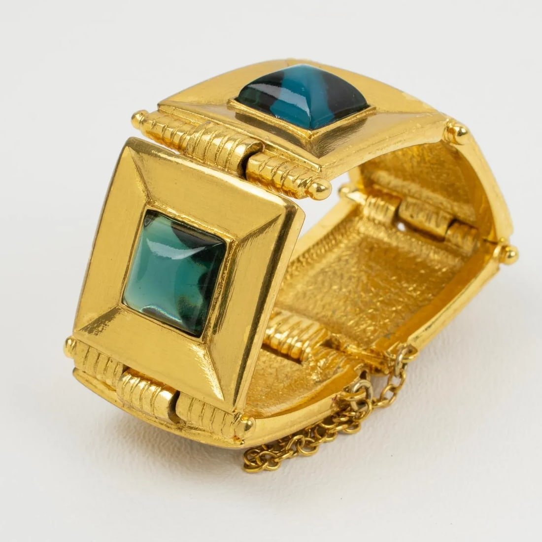 Jean Louis Scherrer Gilt Metal Jeweled Link Turquoise Resin Cabochon Bracelet - 4
