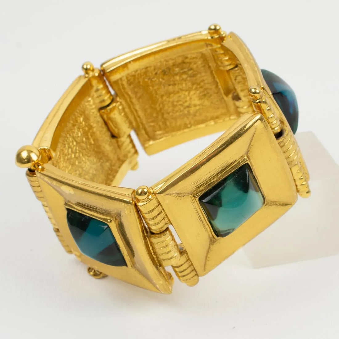 Jean Louis Scherrer Gilt Metal Jeweled Link Turquoise Resin Cabochon Bracelet - 5