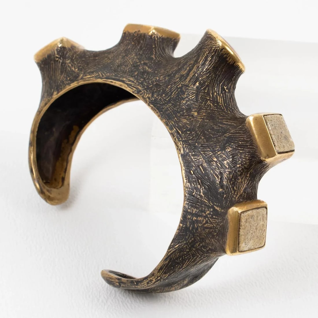 Artist Brutalist Bronze Cuff Bracelet With Travertine and Amber Cabochons - 10