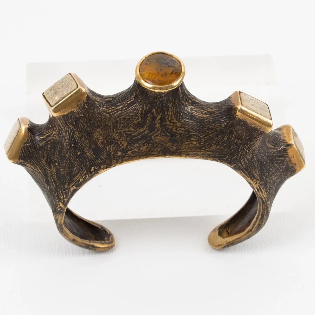 Artist Brutalist Bronze Cuff Bracelet With Travertine and Amber Cabochons - 11