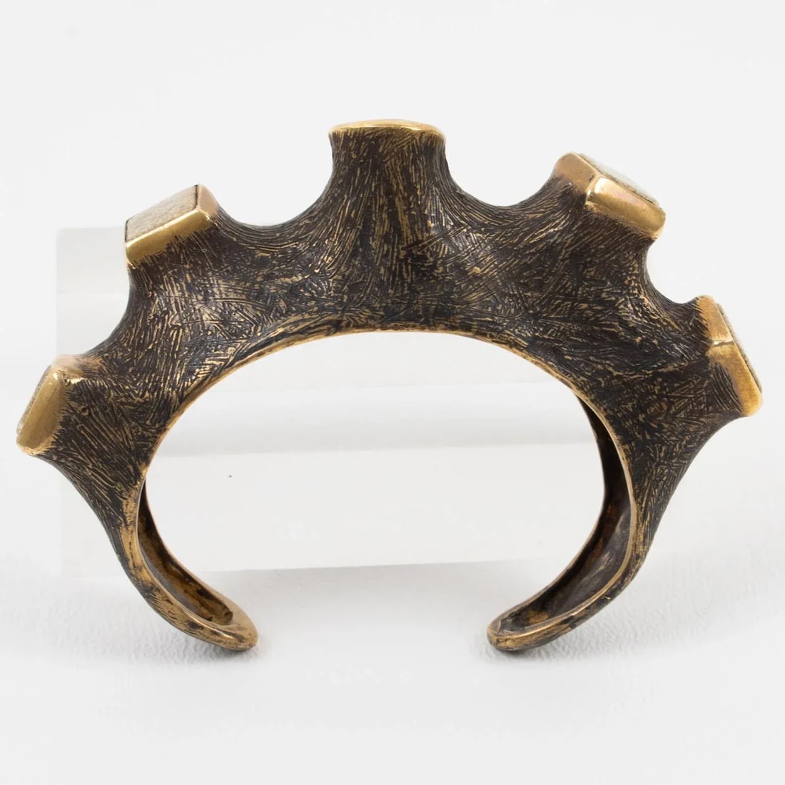 Artist Brutalist Bronze Cuff Bracelet With Travertine and Amber Cabochons - 12