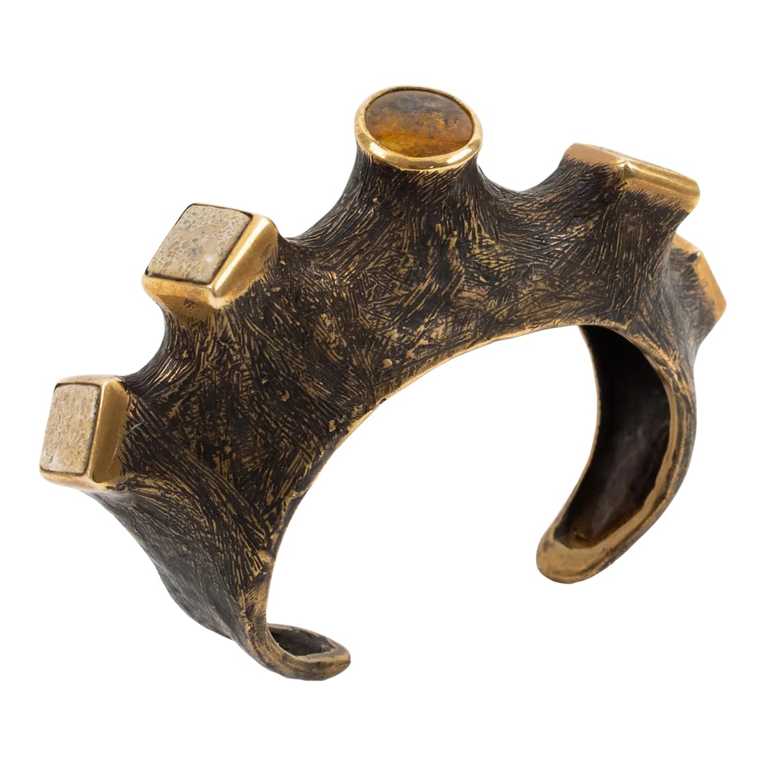 Artist Brutalist Bronze Cuff Bracelet With Travertine and Amber Cabochons: This is part of Chairish's Costume Jewelry assortment. This stunning sculptural brutalist bronze cuff bracelet was hand-crafted by a French artist in the 1980s. This is a one-of-a-kind piece with