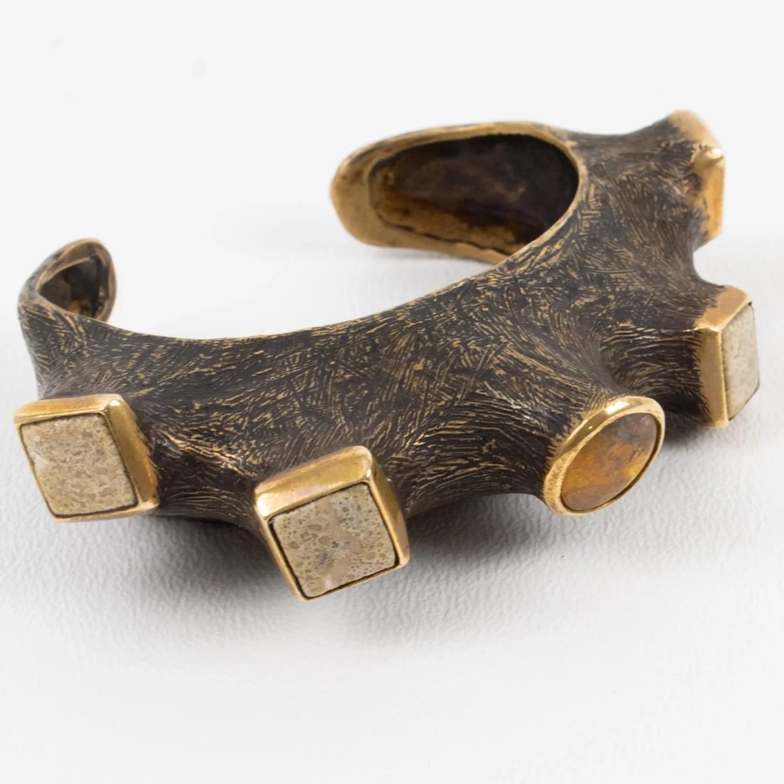 Artist Brutalist Bronze Cuff Bracelet With Travertine and Amber Cabochons - 2