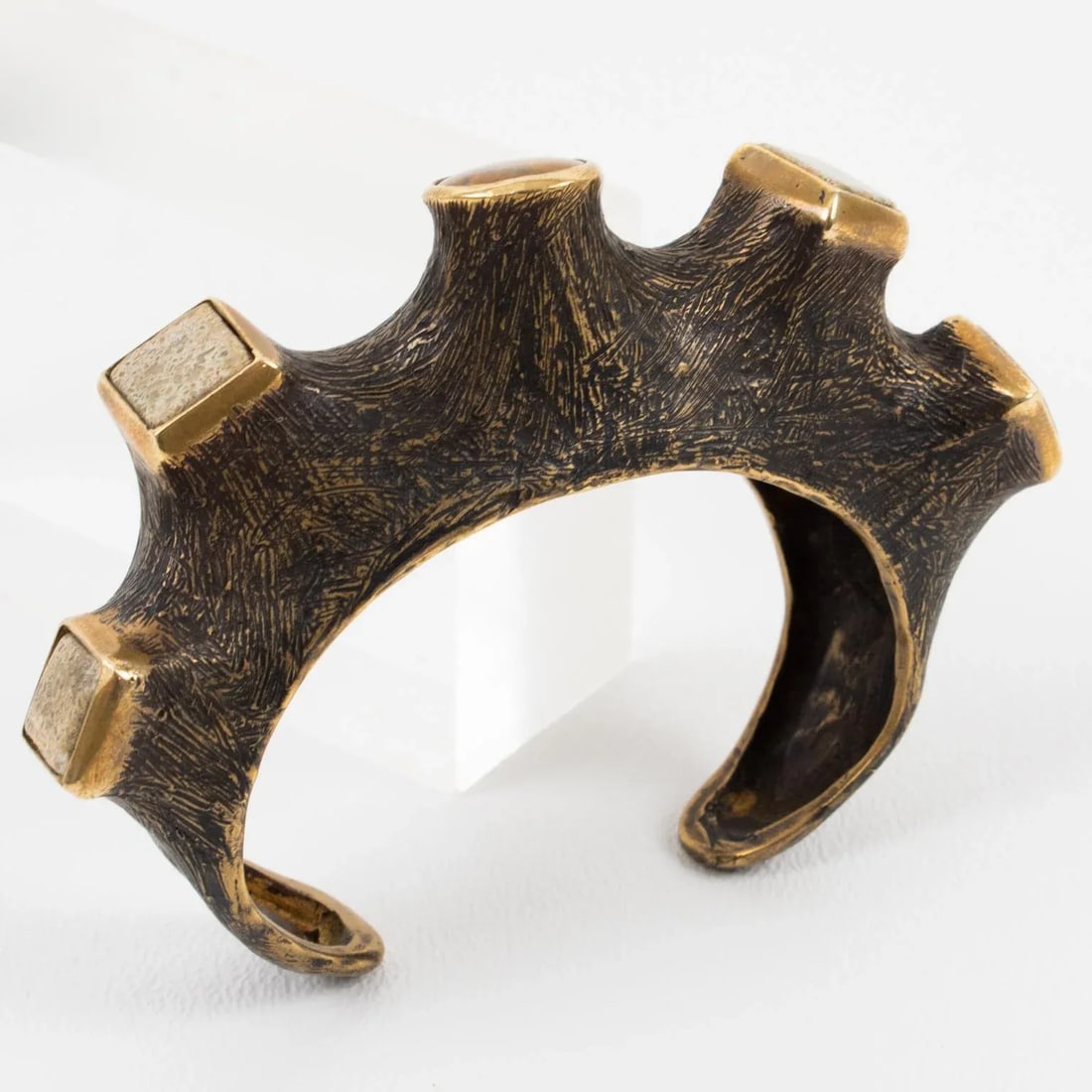 Artist Brutalist Bronze Cuff Bracelet With Travertine and Amber Cabochons - 3