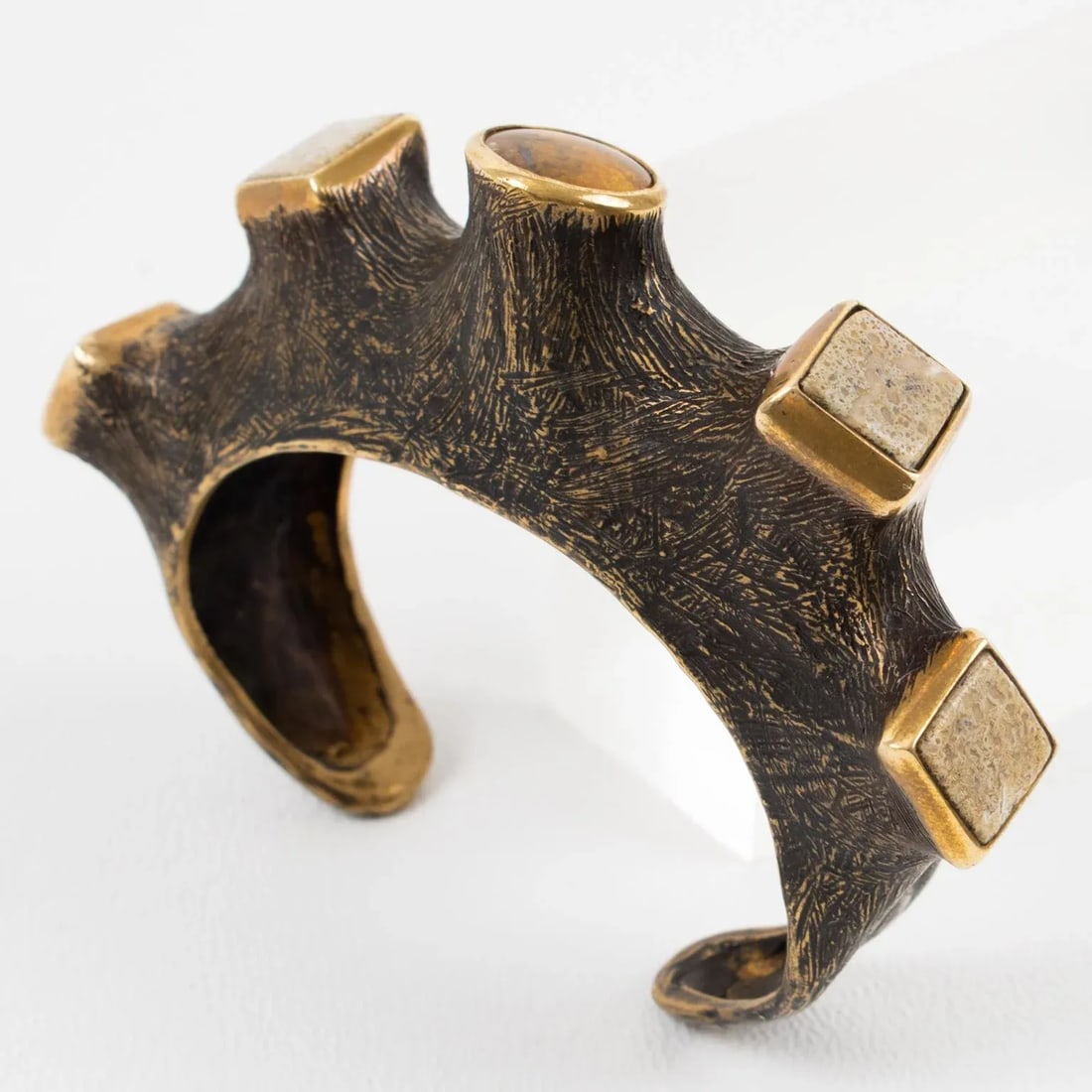 Artist Brutalist Bronze Cuff Bracelet With Travertine and Amber Cabochons - 4
