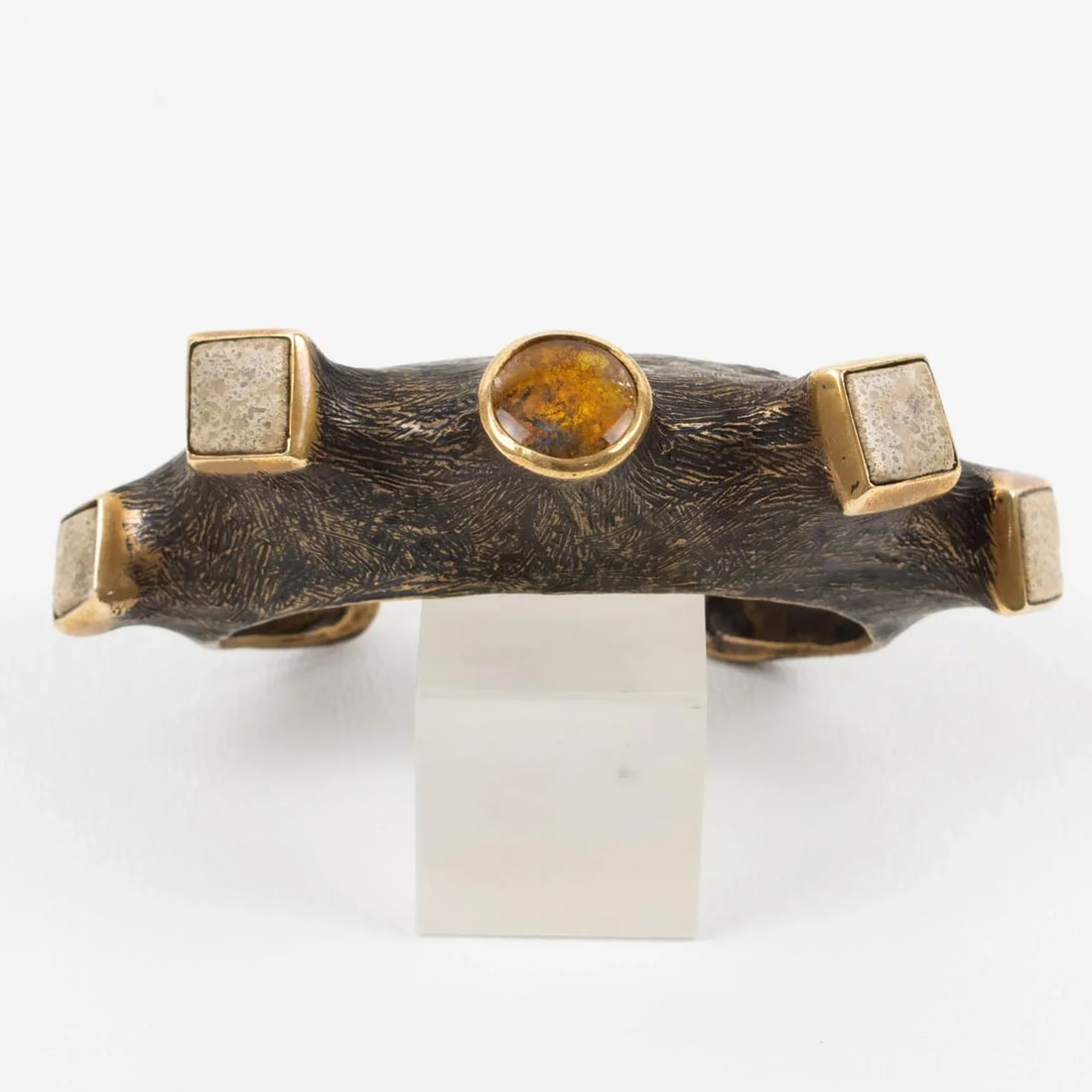 Artist Brutalist Bronze Cuff Bracelet With Travertine and Amber Cabochons - 5