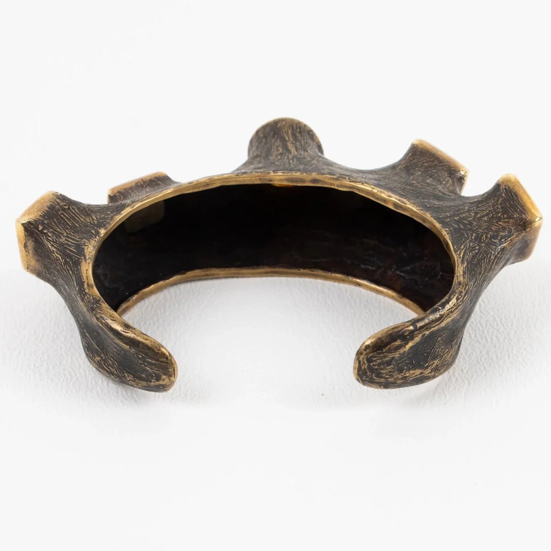 Artist Brutalist Bronze Cuff Bracelet With Travertine and Amber Cabochons - 6