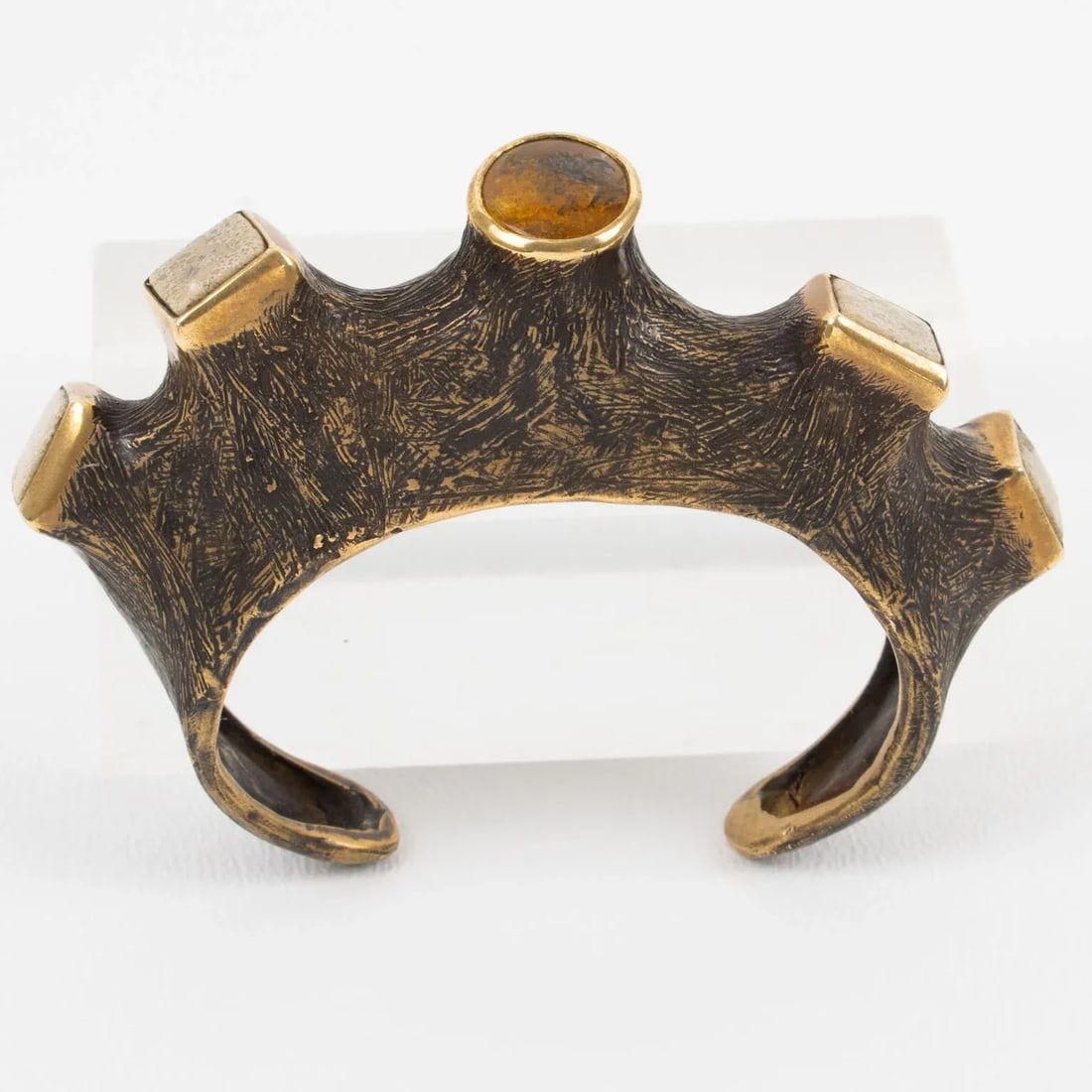Artist Brutalist Bronze Cuff Bracelet With Travertine and Amber Cabochons - 7