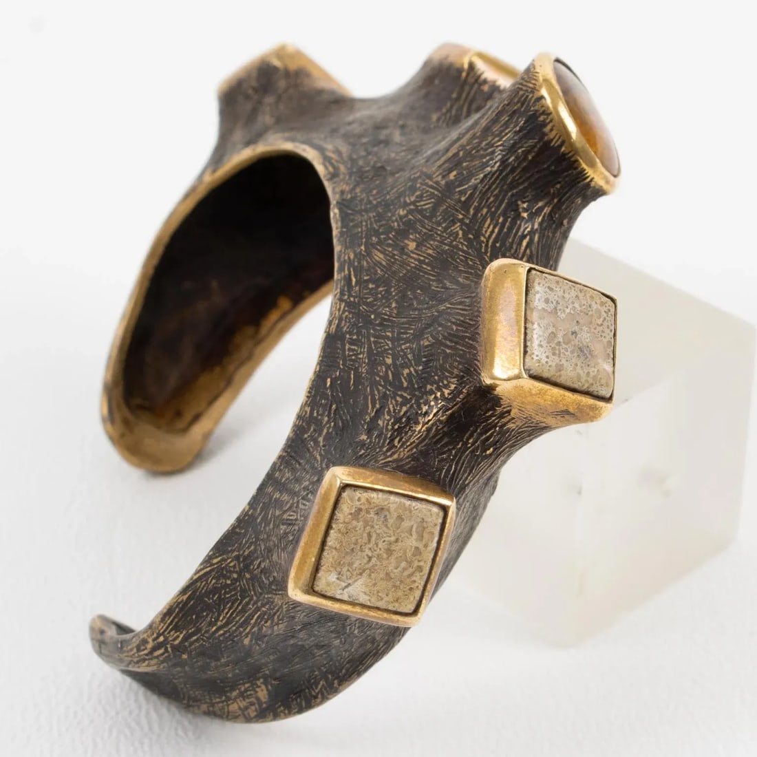 Artist Brutalist Bronze Cuff Bracelet With Travertine and Amber Cabochons - 8