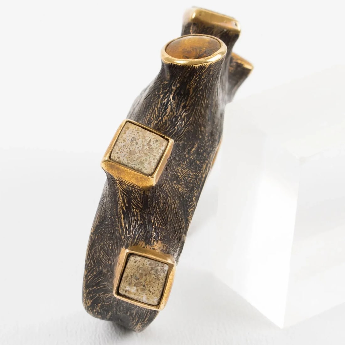 Artist Brutalist Bronze Cuff Bracelet With Travertine and Amber Cabochons - 9