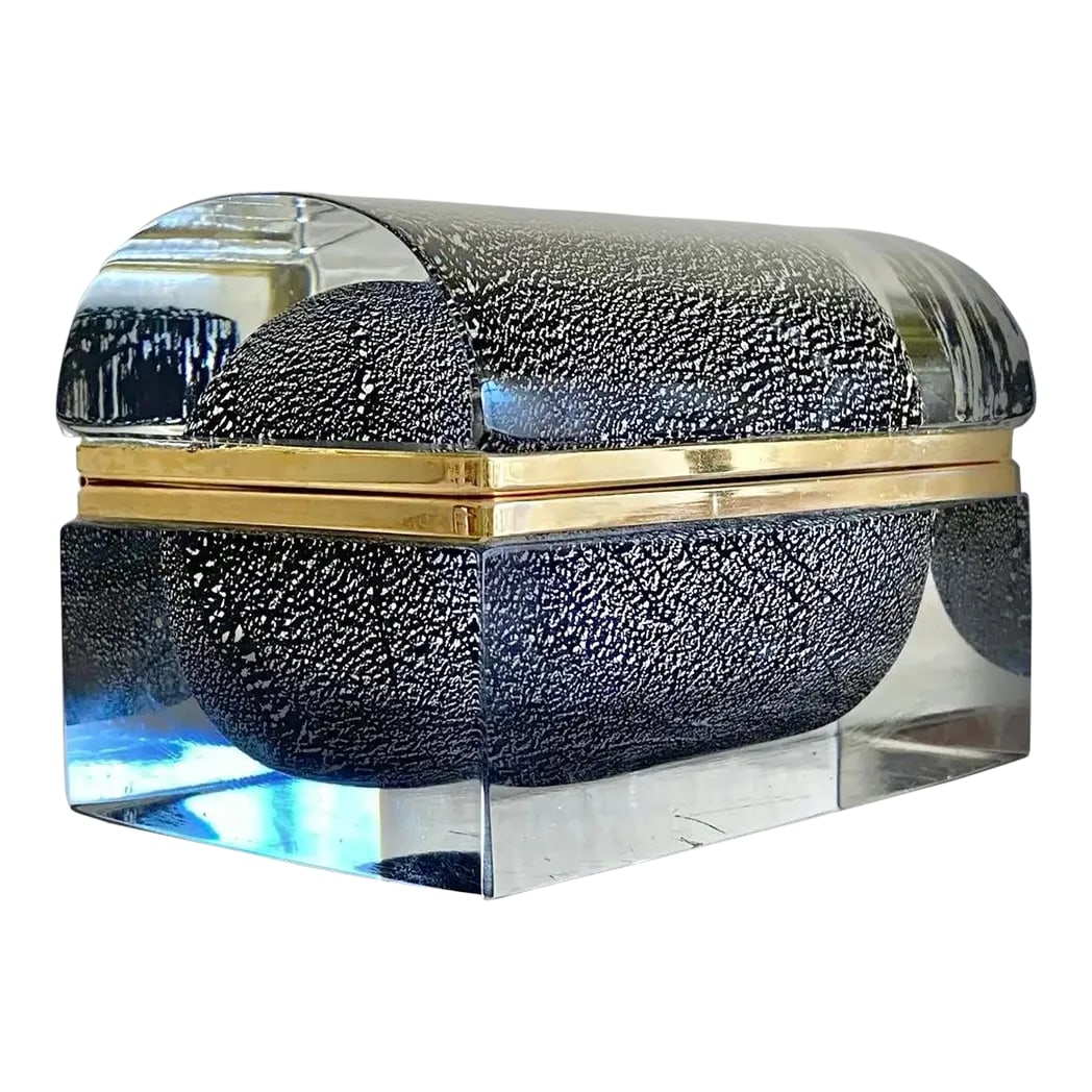 Mandruzzato Sommerso Murano Box: Offering a large vintage silver leaf and black Murano glass sommerso box, made in Italy by Alessandro Mandruzzato, circa 1970's. This large domed glass decorative box is captivating and impressive.