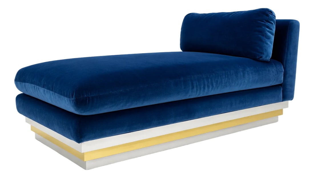 Vintage Velvet Lounge Chaise on Chrome/Brass Base: Stunning vintage chaise lounger fully wrapped in an original royal blue velvet upholstery. This piece sits upon a thick chrome plinth base with a brass band throughout. 26 Height 17 Seat Height 31.5