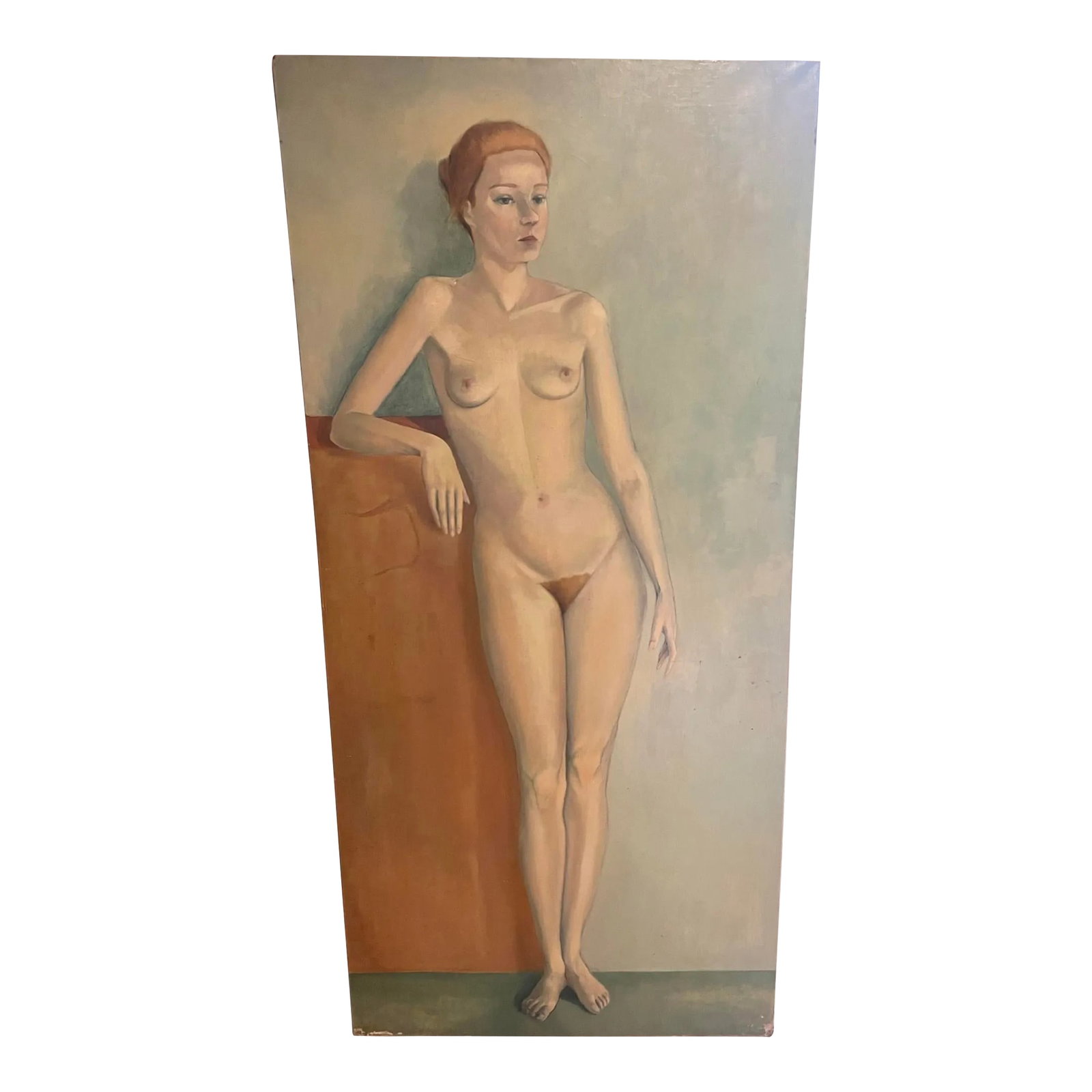 Mid Century French Life Size Figurative Nude Lady Female Portrait Original Oil Painting Attributed t: A layer of mystique surrounds this life-size nude painting of a beautiful redheaded lady, acquired from an Estate in France. It is signed twice on the reverse, E Janssen and 'Fin', making it hard to