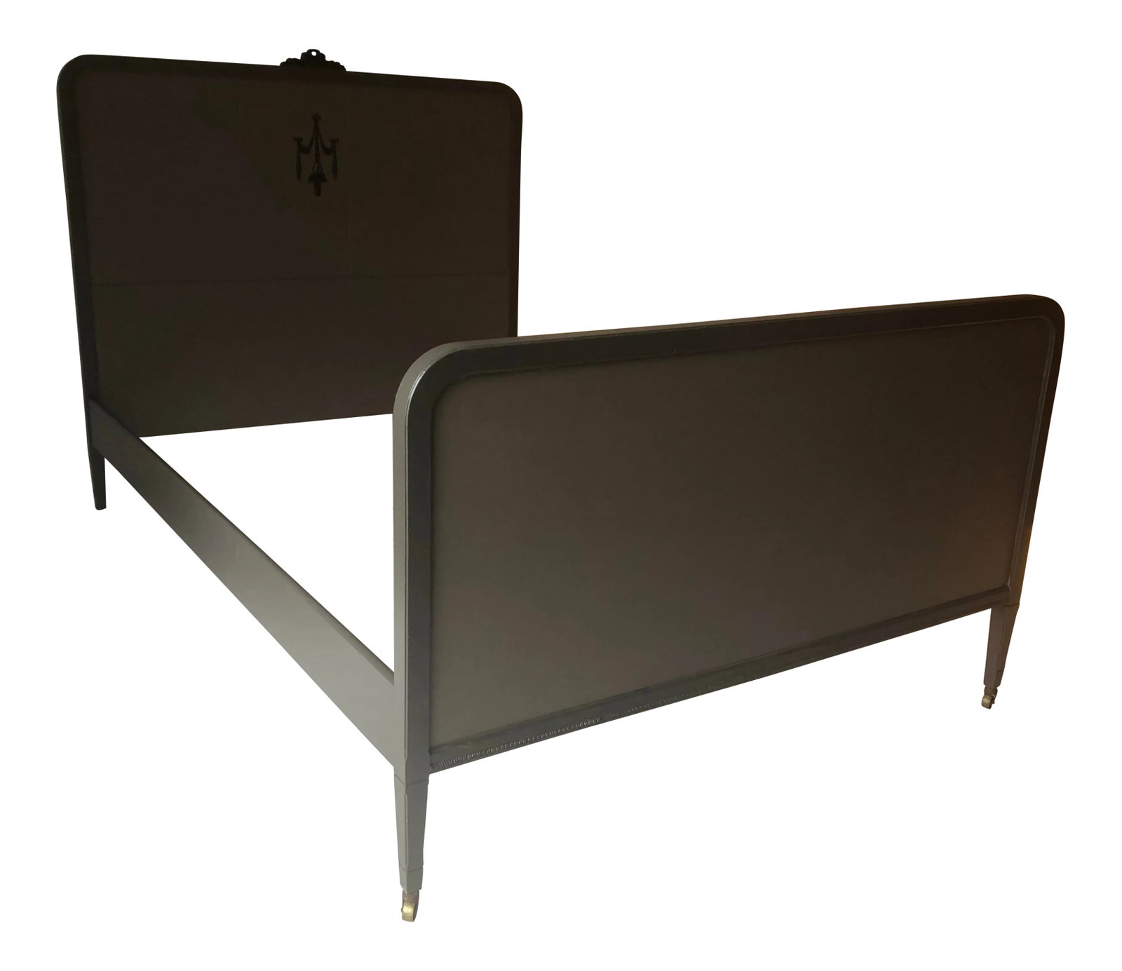 Early 20th Century Antique French Style Mahogany Bedframe: C.1910 antique French style mahogany bedframe. The piece is painted a dark grey/brown. Includes side rails. Condition: Alterations: Original Design Modified Imperfections: Some Imperfections