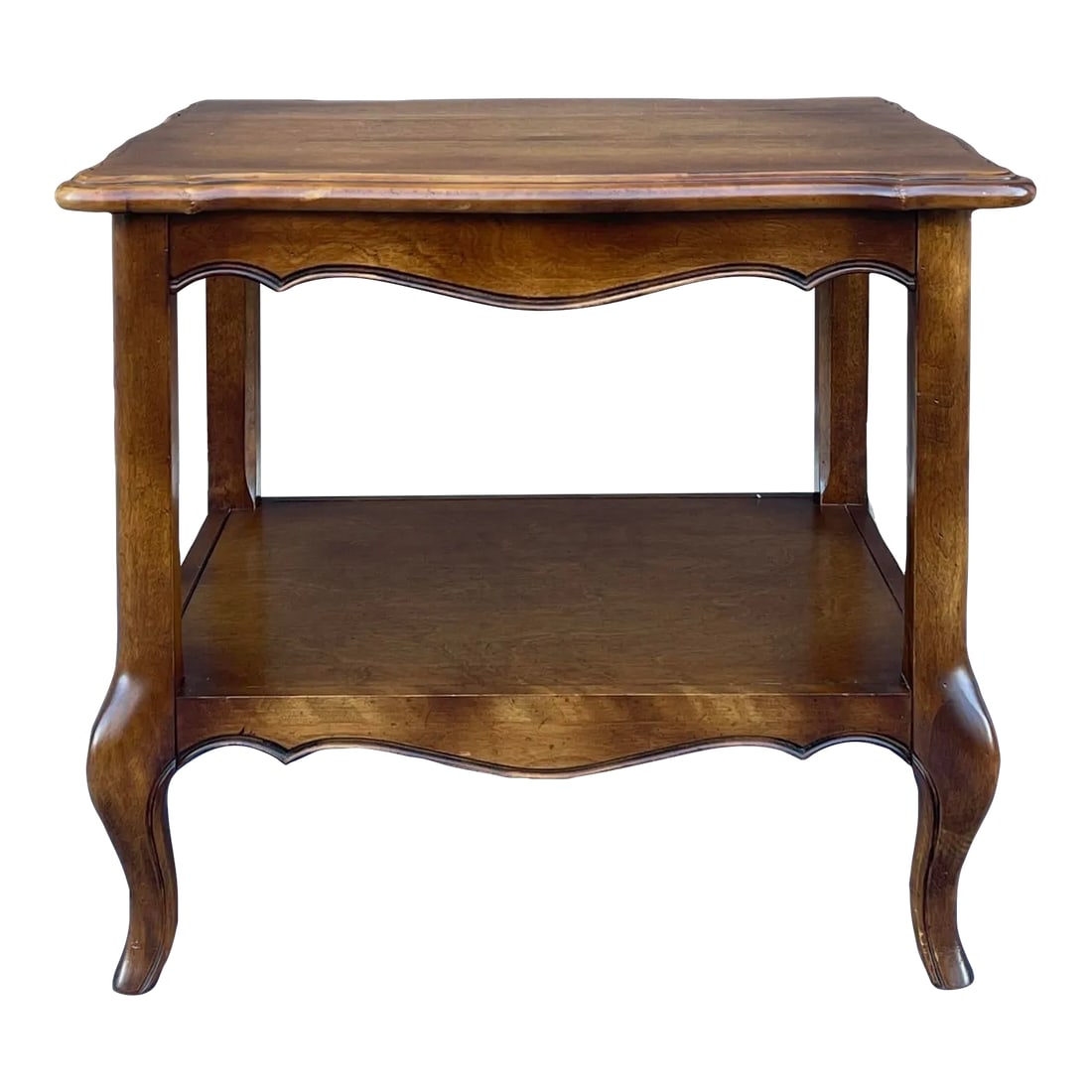 1980s Ethan Allen Country French Birch Tiered Side Table (26-8304 Fruitwood): A late 20th century Ethan Allen Country French collection solid birch tiered side table in their golden brown Fruitwood finish. American made. Circa 1988. Ethan Allen Model # 26-8304 Finish # 236 (Fru