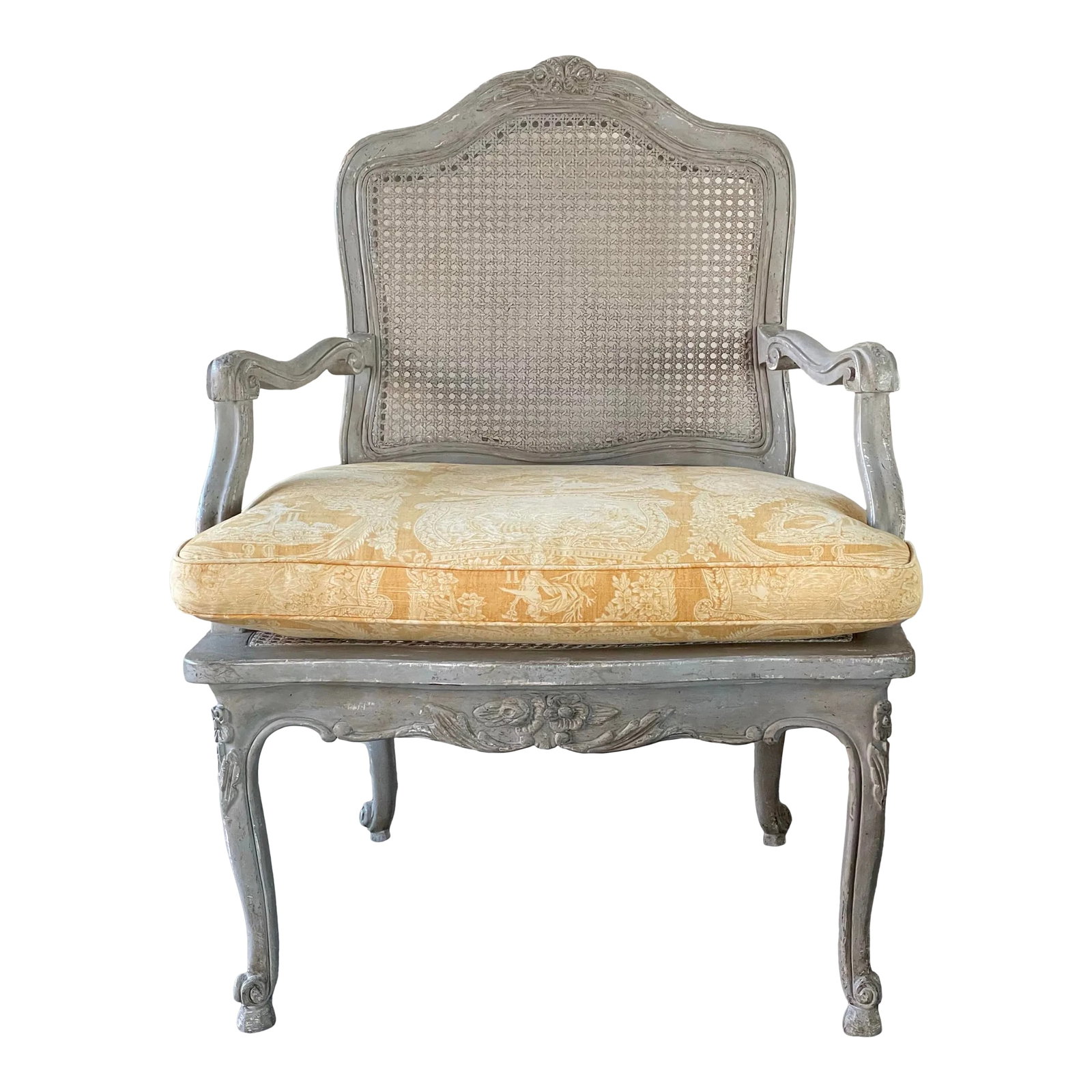 Vintage Minton-Spidell Louis XV Cane Fauteuil in Old Grey Finish: Beautiful cane chair with a wide seat. The paint color is called "Old Grey." Condition: Alterations: Original Condition Unaltered Imperfections: Some Imperfections Condition Notes: It's in perfect