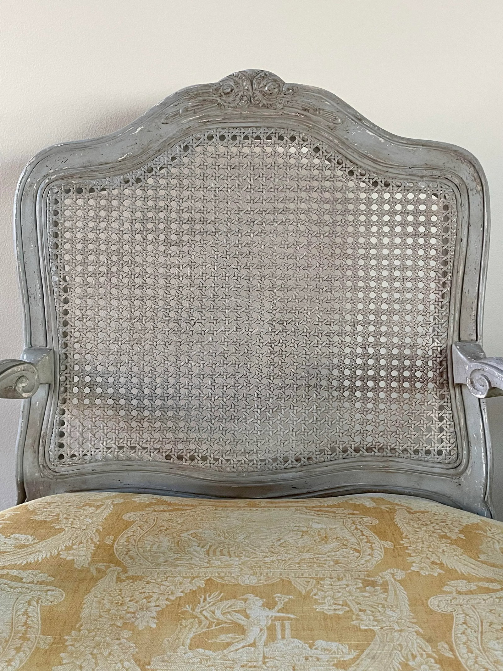 Vintage Minton-Spidell Louis XV Cane Fauteuil in Old Grey Finish - 2