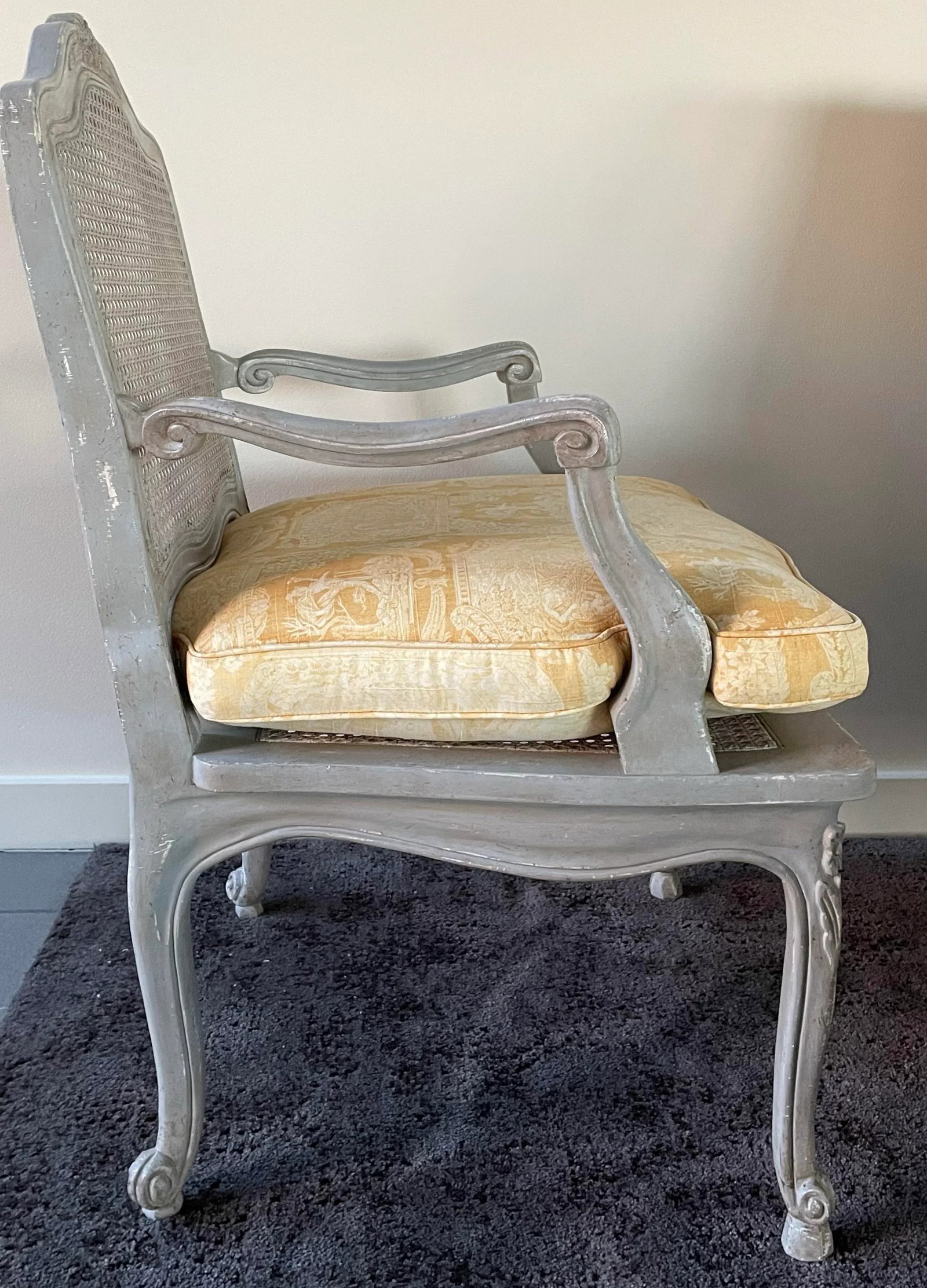 Vintage Minton-Spidell Louis XV Cane Fauteuil in Old Grey Finish - 3