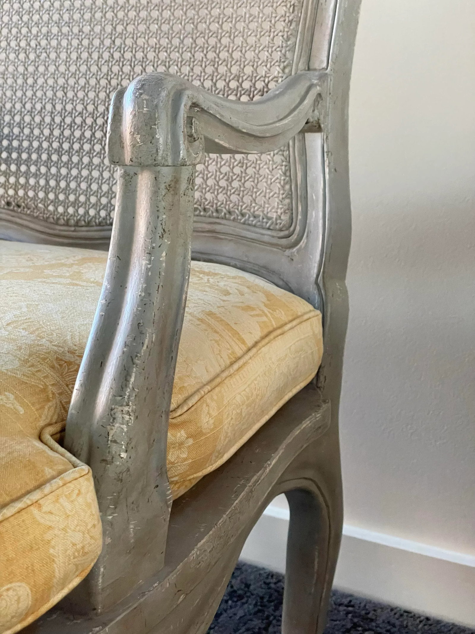 Vintage Minton-Spidell Louis XV Cane Fauteuil in Old Grey Finish - 5