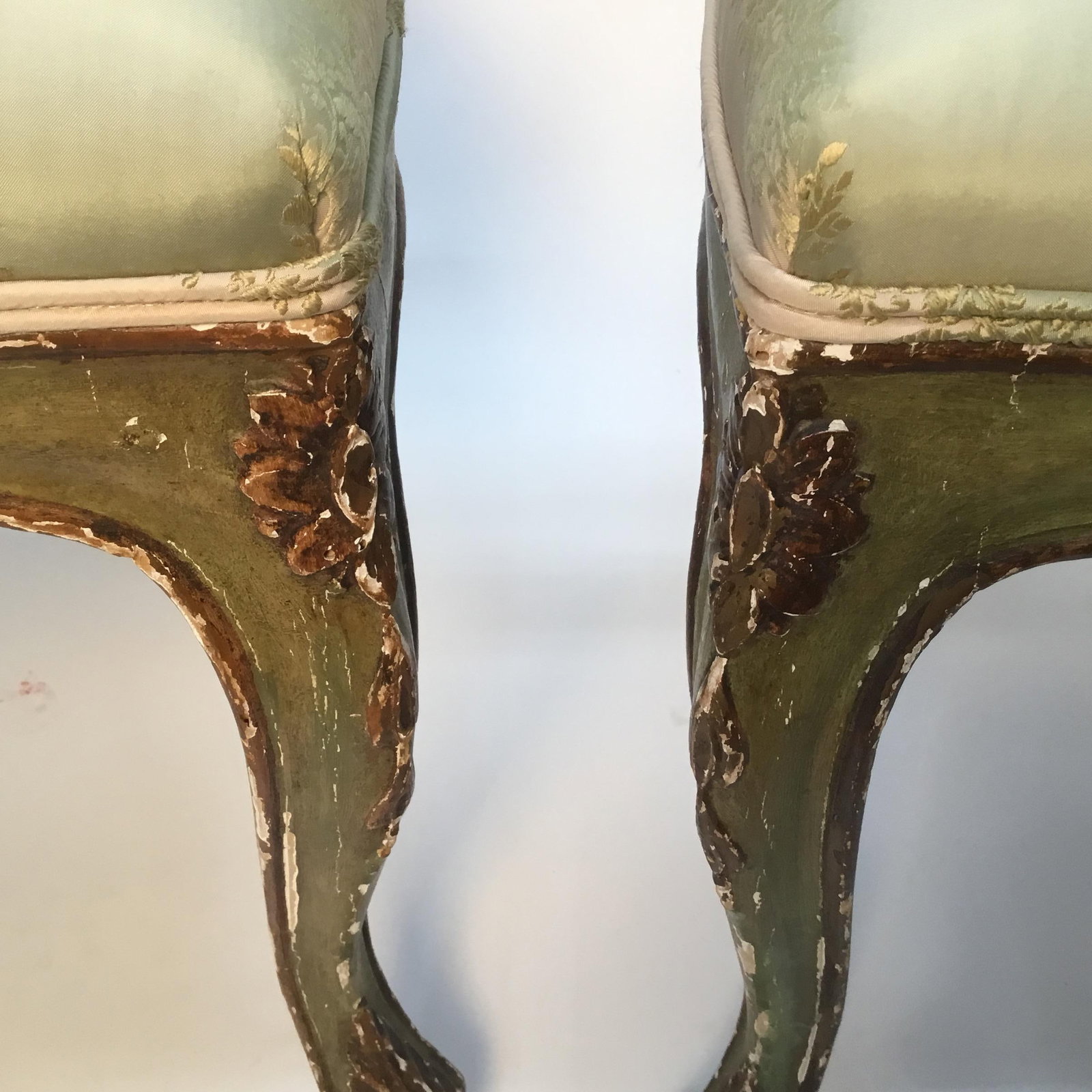 Late 19th Century Vintage Italian Green Painted, Carved and Gilt Louis XV Side Chairs- A Pair - 10