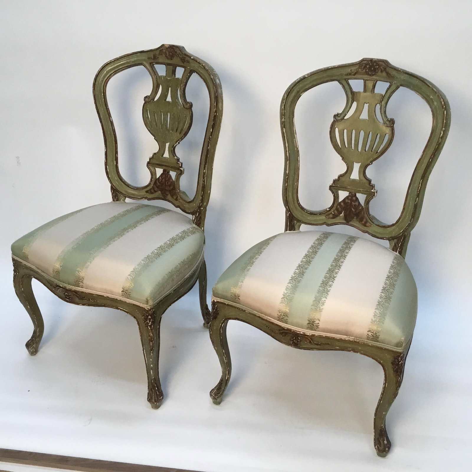 Late 19th Century Vintage Italian Green Painted, Carved and Gilt Louis XV Side Chairs- A Pair - 12