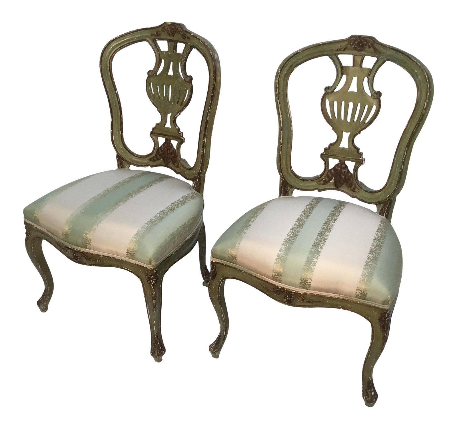Late 19th Century Vintage Italian Green Painted, Carved and Gilt Louis XV Side Chairs- A Pair: Charming pair of polychrome painted, carved and parcel gilt upholstered chairs. Beautiful color and patina. Upholstered in cream and green silk. Condition: Alterations: Original Condition Unaltered Im