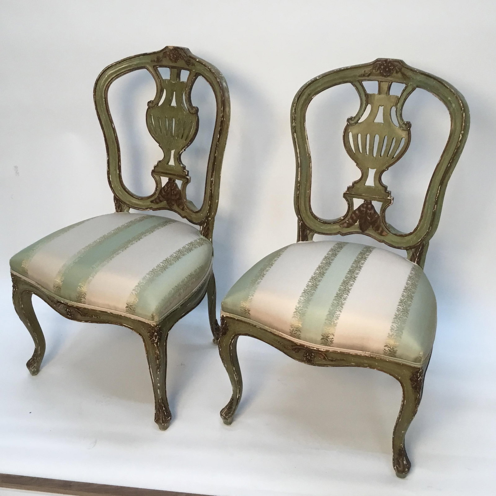 Late 19th Century Vintage Italian Green Painted, Carved and Gilt Louis XV Side Chairs- A Pair - 2