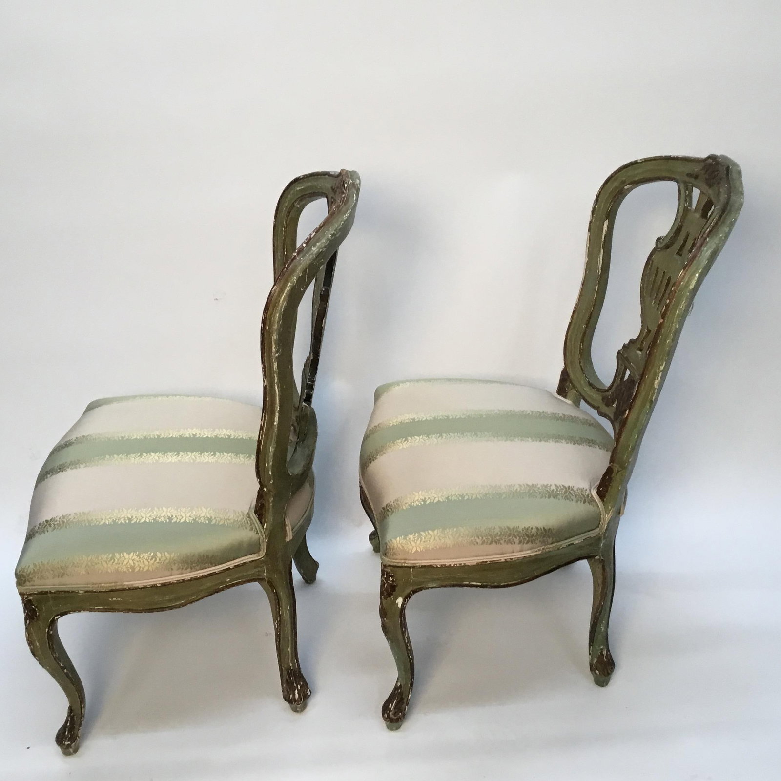 Late 19th Century Vintage Italian Green Painted, Carved and Gilt Louis XV Side Chairs- A Pair - 3