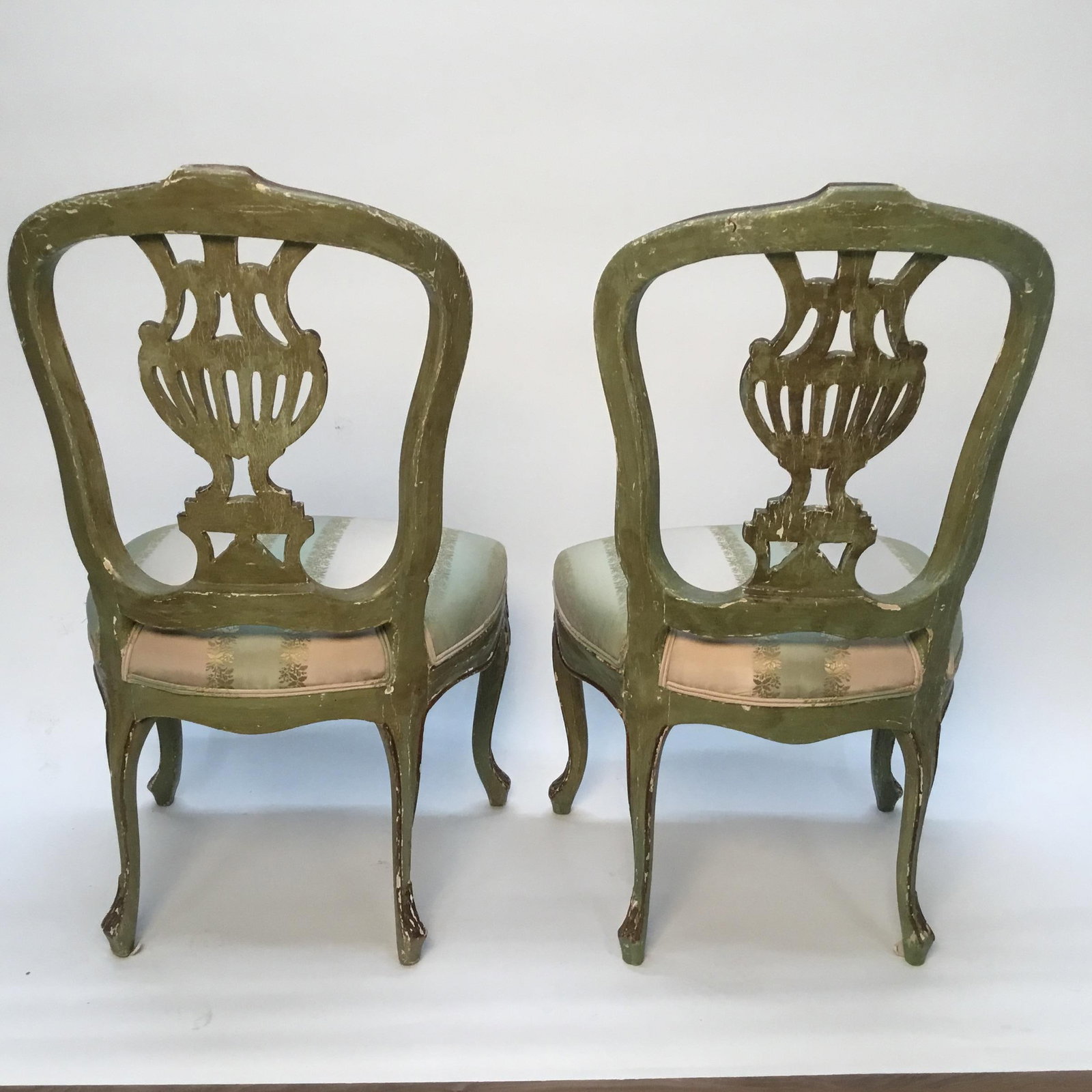 Late 19th Century Vintage Italian Green Painted, Carved and Gilt Louis XV Side Chairs- A Pair - 4