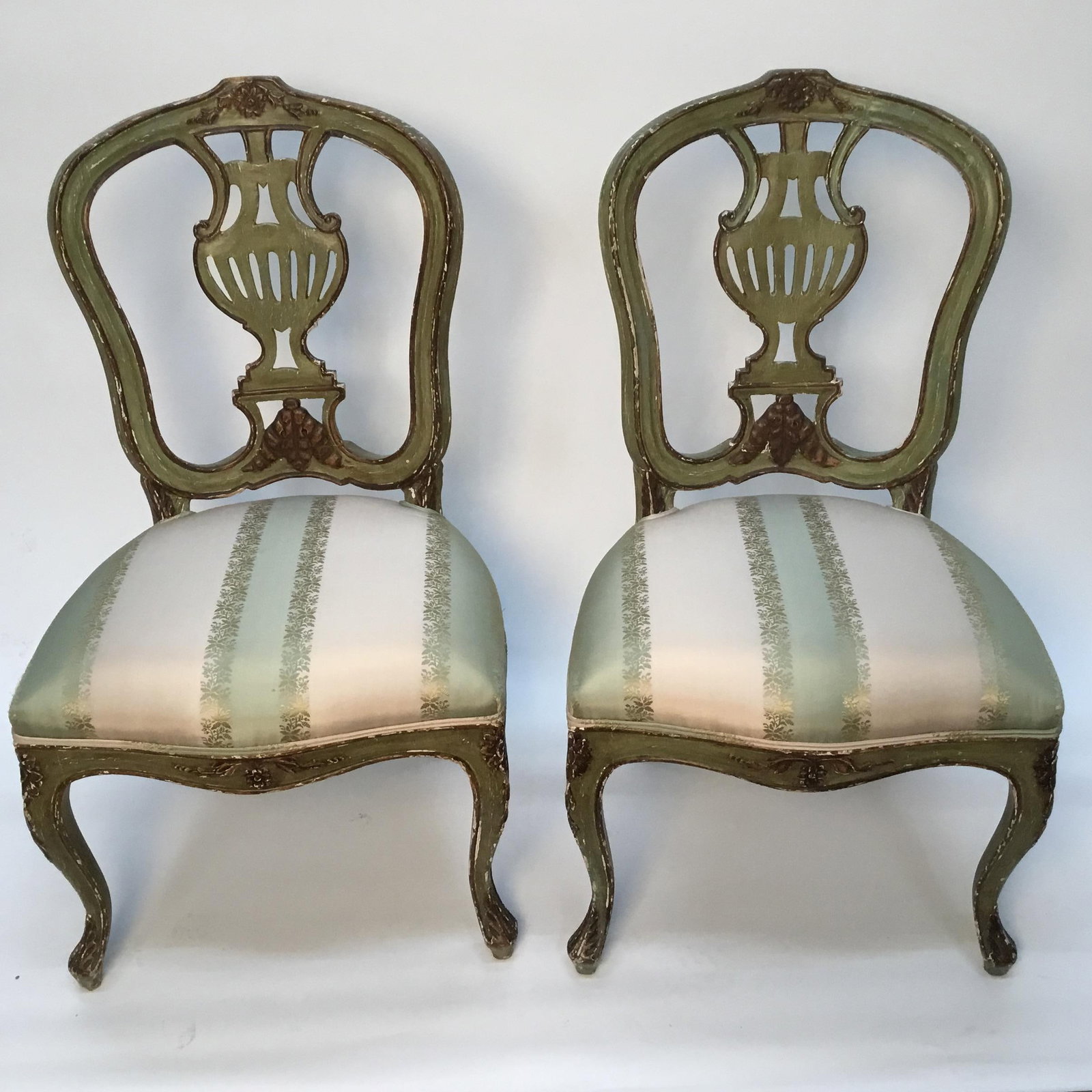 Late 19th Century Vintage Italian Green Painted, Carved and Gilt Louis XV Side Chairs- A Pair - 5