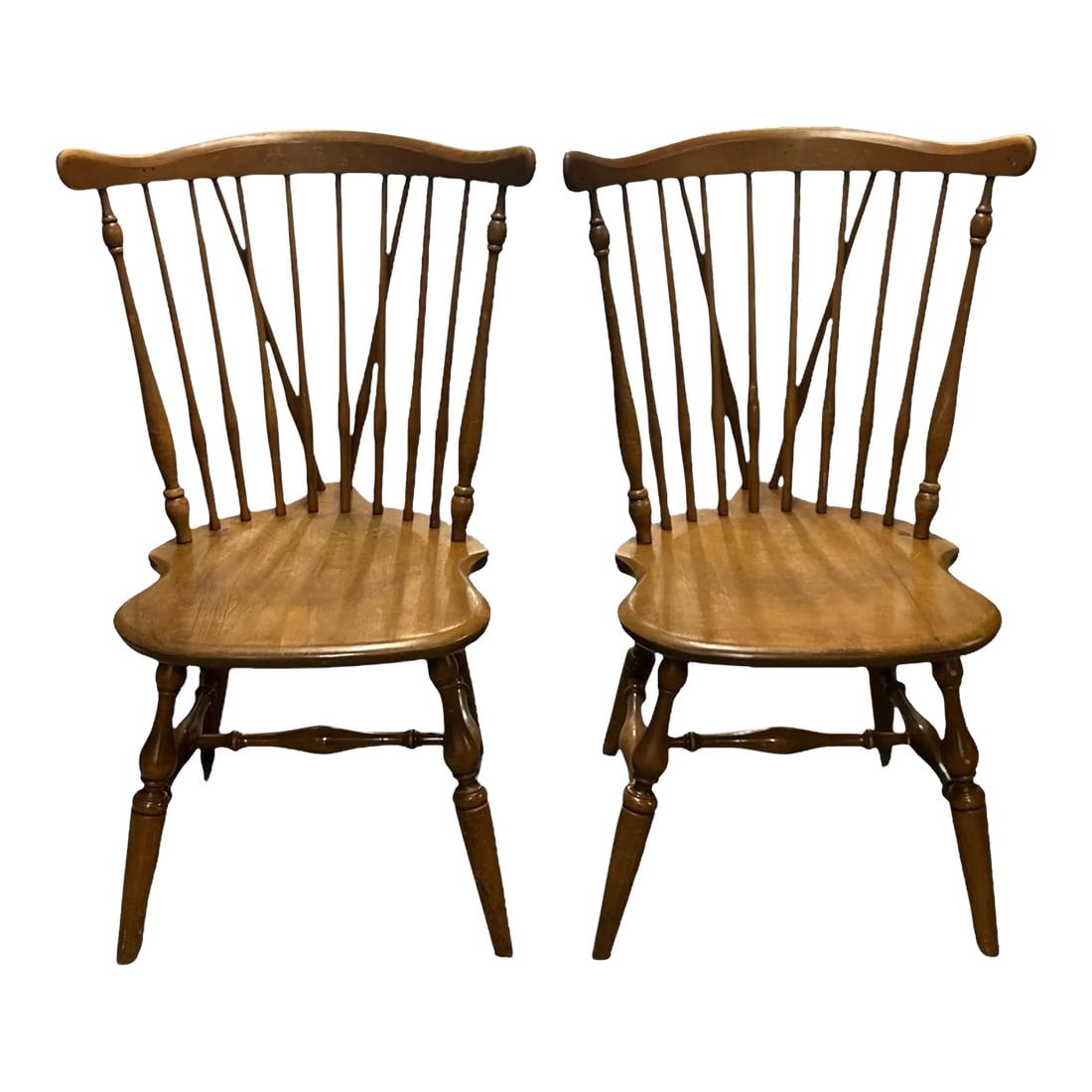 Late 20th Century Vintage Ethan Allen by Baumritter Dining Chairs Heirloom Nutmeg Wood #10-6020 - a: Vintage Ethan Allen by Baumritter Dining Chairs Heirloom Maple Birch Wood Nutmeg Fiddleback Without Armrests American Colonial #10-6020 - a Pair See our other listings for similar style with armrests