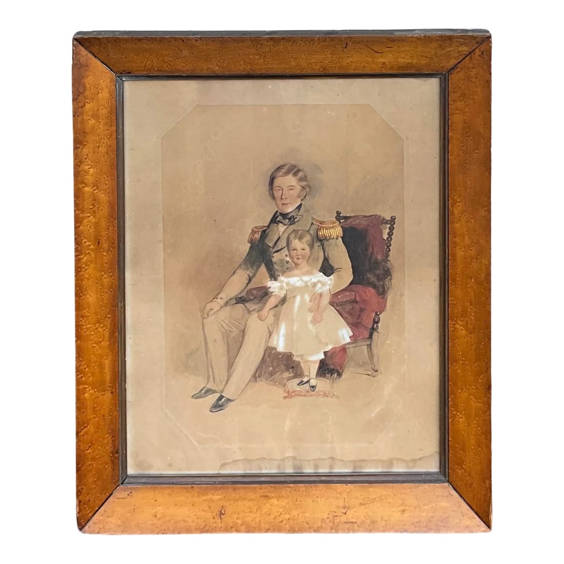 19th-C. English Sea Ship Captain W/ Child Watercolor on Paper in Burl Walnut Frame: I love this! It is a framed English sea captain with his child dating to approximately 1850. It is a watercolor on paper. The frame is burl walnut, and both painting and frame show wear. No signature