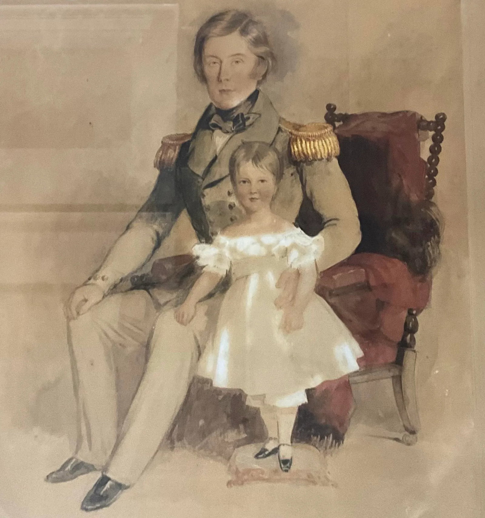 19th-C. English Sea Ship Captain W/ Child Watercolor on Paper in Burl Walnut Frame - 2