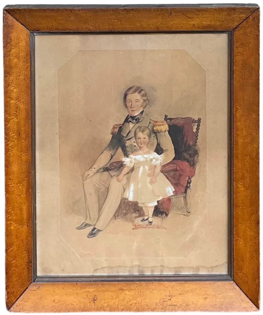 19th-C. English Sea Ship Captain W/ Child Watercolor on Paper in Burl Walnut Frame - 4