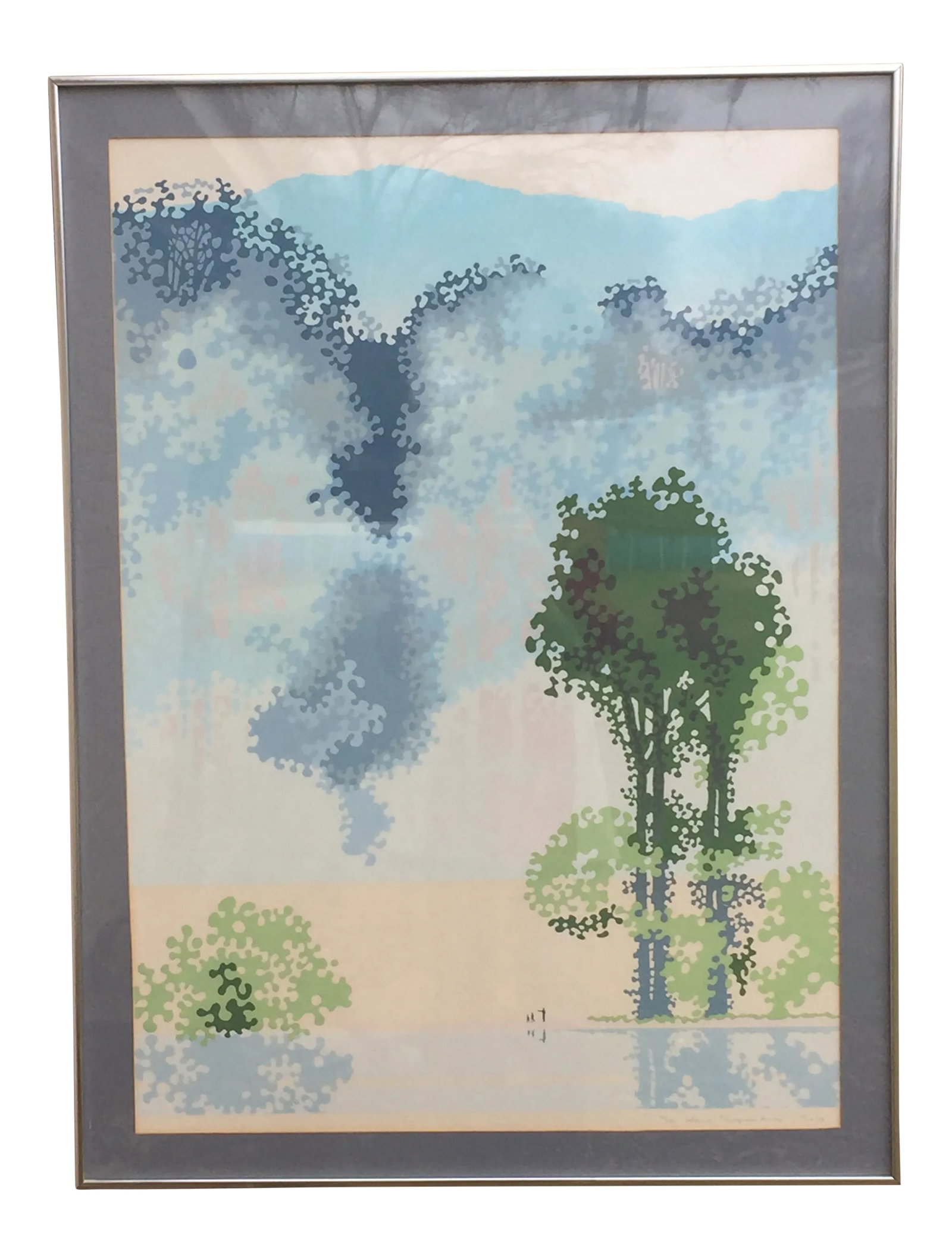 Vintage Serigraph Print Signed by Artist Steve Horgan: 73' limited edition serigraph signed and numbered years artist Steve Horan. This abstract piece depicts a riverscape scene of the Iroquois River. # 14/50. This silkscreen print can be an ideal additio