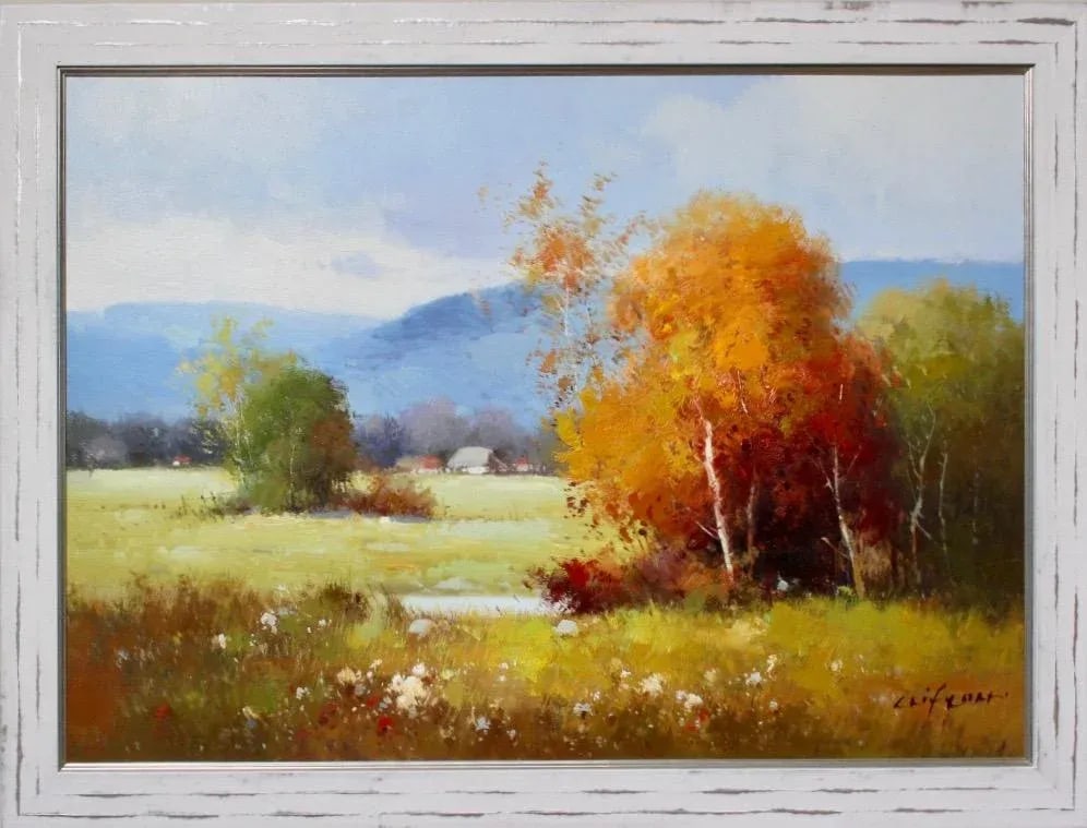 Autumn Landscape Impressionist Style Framed Oil Painting: Autumn Landscape is a framed oil painting on canvas depicting Vermont in the early Autumn. The artist utilizes smooth brushstrokes and a bright, warm color palette to capture the realism of the