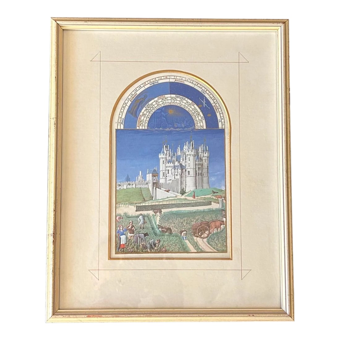 Medieval Illuminated Manuscript From the Book of Hours: Artist - Paul Lisbourg and Brothers Title - Les Tres Riches Heures du Duc de Berry - September Edition - The Quintessa Art Collection Limited, London Year - 1988 Frame - Gilded Wood Frame 12" x 15"
