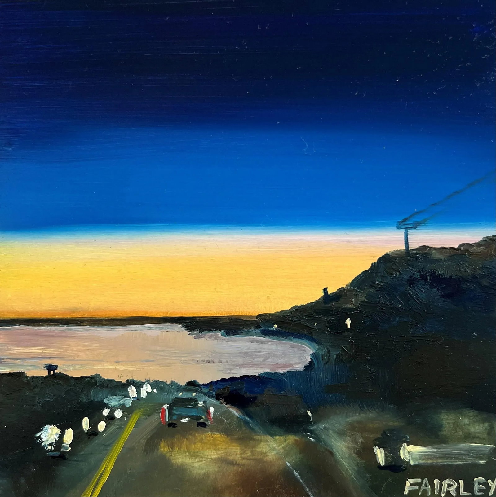Night Glow, Original Miniature Oil Painting by Jessica Fairley: This miniature oil painting is a favorite among the commuter series, by artist Jessica Fairley. Go for a ride along the famous Pacific Coast Highway in Los Angeles when you experience this little