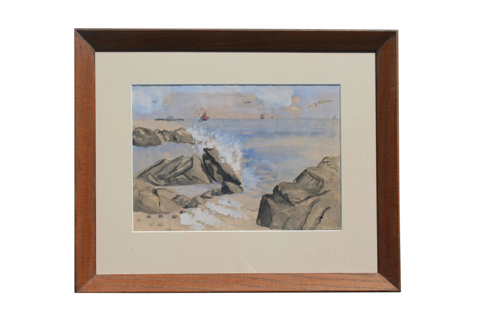 Vintage Watercolor of Coastal Seascape: Watercolor painting of rugged and rocky coastline and peaceful sea, with a ship in the distance. Displayed in a wood frame. Condition: Alterations: Original Design Modified Imperfections: Some