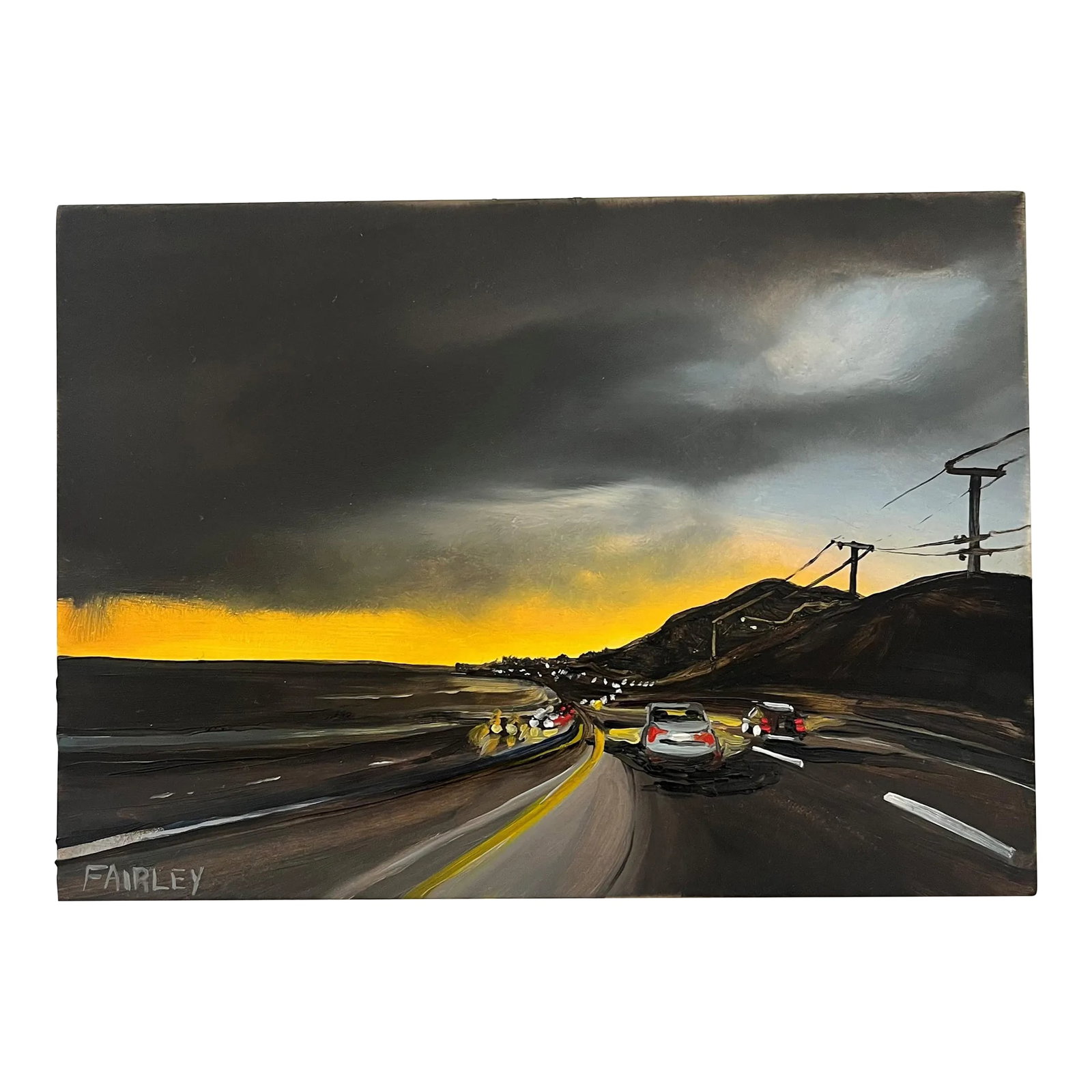 PCH Glow, Original Oil Painting by Jessica Fairley: This miniature painting depicts the drive along California's Pacific Coast Highway during a magnificent sunset, sized at 7x5 inches, this oil painting is a special glowing gem. Condition: Imperfection