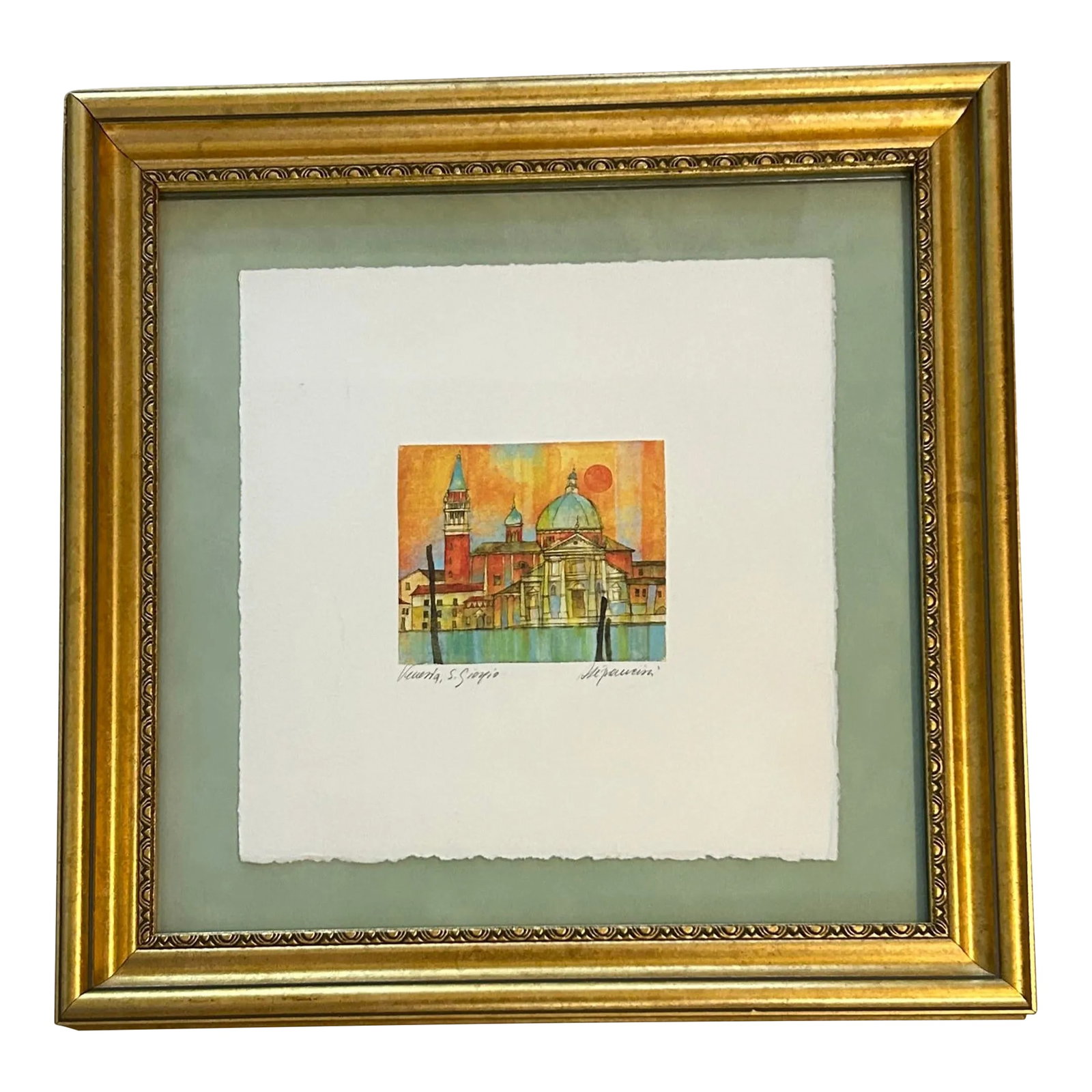 Framed Hand Signed Lithograph of San Giorgio, Venice: Artist - Signature Indistinct Title - Venezia, San Giorgio Handsigned in pencil lower right Lithograph Gilded wooden frame 15.5" x 15.5" Condition - Very good - some slight chips to frame corners