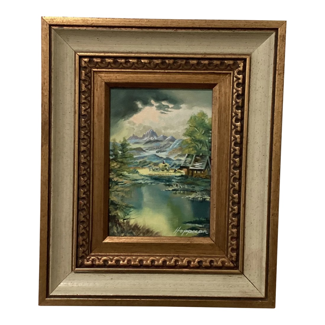 Antique Hein Hoppmann Landscape Oil Painting, Framed: Antique Art Peace by Hein Hoppmann (1901-1982) Landscape Oil Spatula on Hardboard Signed. Beautifull Landscape Artist Hoppman matted framed signed. Condition: Alterations: Original Condition