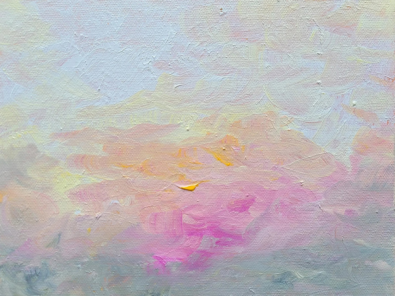Original Landscape Impressionist Abstract Canvas Art Painting: SUNRISE MORN is an original painting abstract with an impressionist-feel. Soft colors include yellow, warm gold/orange, soft and vivid pink, greys, white. A bit of impasto is evident on this