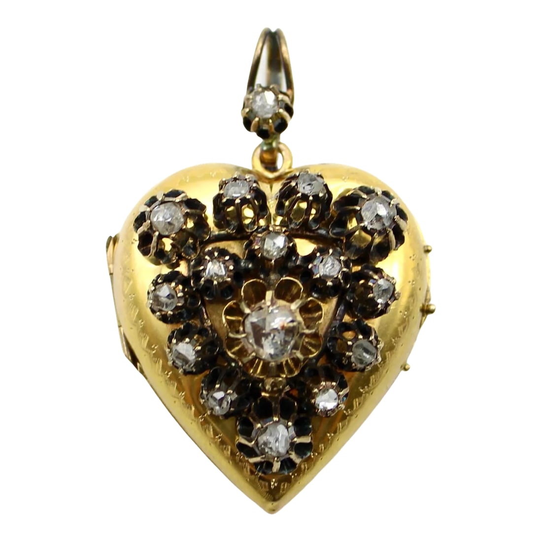 Victorian 18K Gold Rose Cut Diamond Encrusted Heart Locket: This is part of Chairish's Fine Jewelry assortment. Circa 1880, this heart shaped locket is encrusted with rose cut diamonds, held up by tall buttercup prongs. The prongs are connected as a mount,