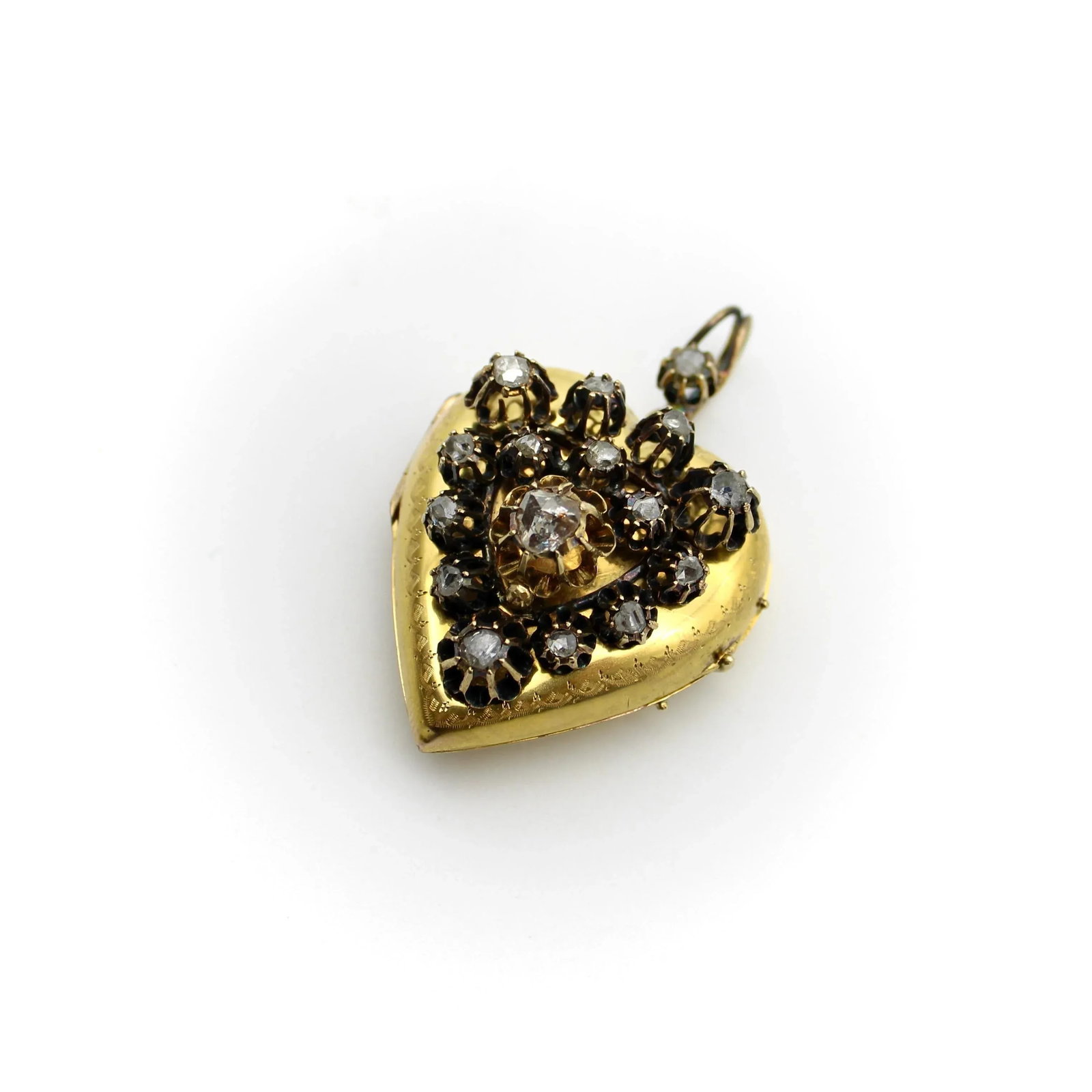 Victorian 18K Gold Rose Cut Diamond Encrusted Heart Locket - 2