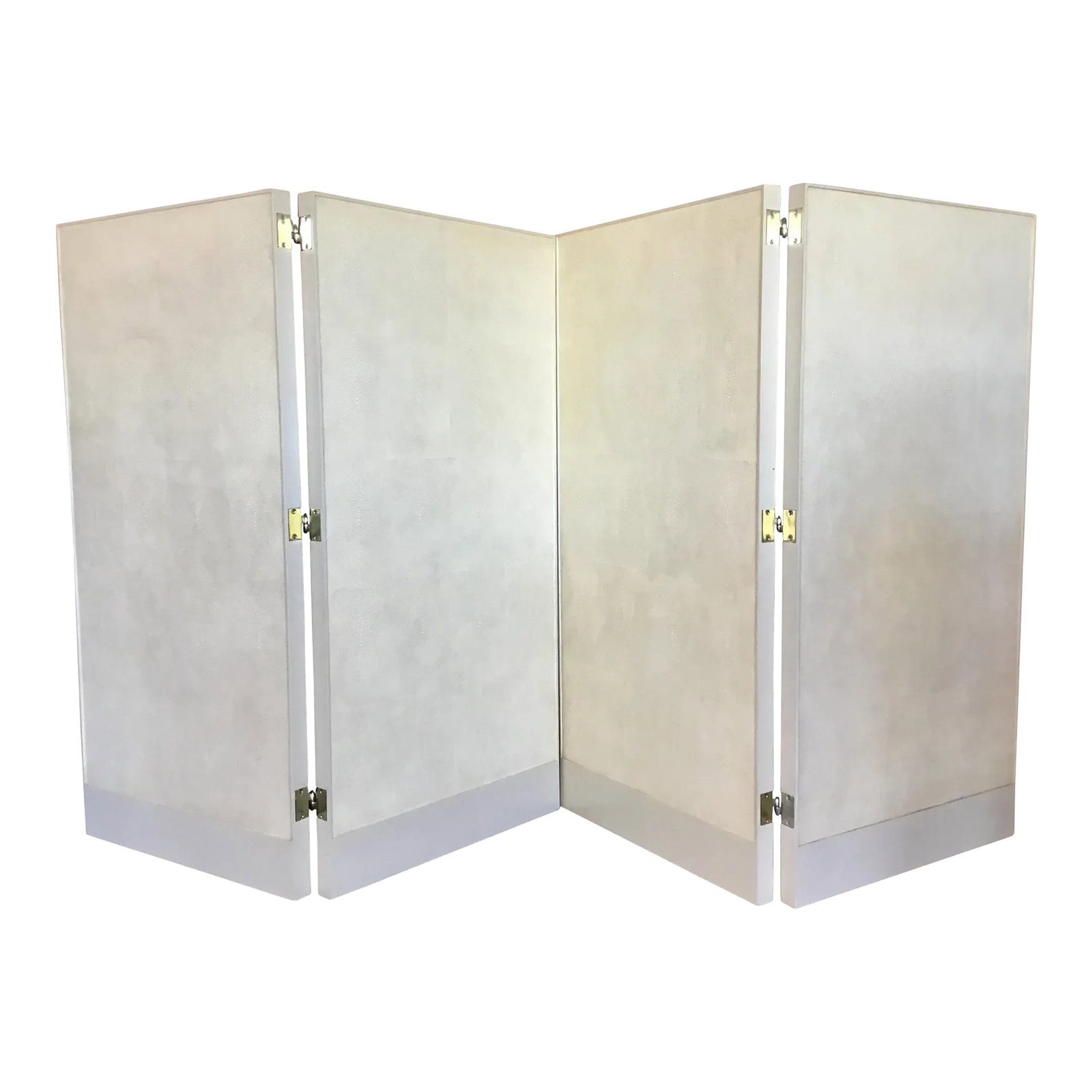 Barbara Barry for Henredon Modern Ivory Faux Shagreen Low Folding Curtin Call Screen/Room Divider: Original retail $9500, elegant and timeless Barbara Barry for Henredon Modern Ivory Faux Shagreen Low Folding Curtin Call Screen/Room Divider, brass accents, four 24" panels, showroom floor sample