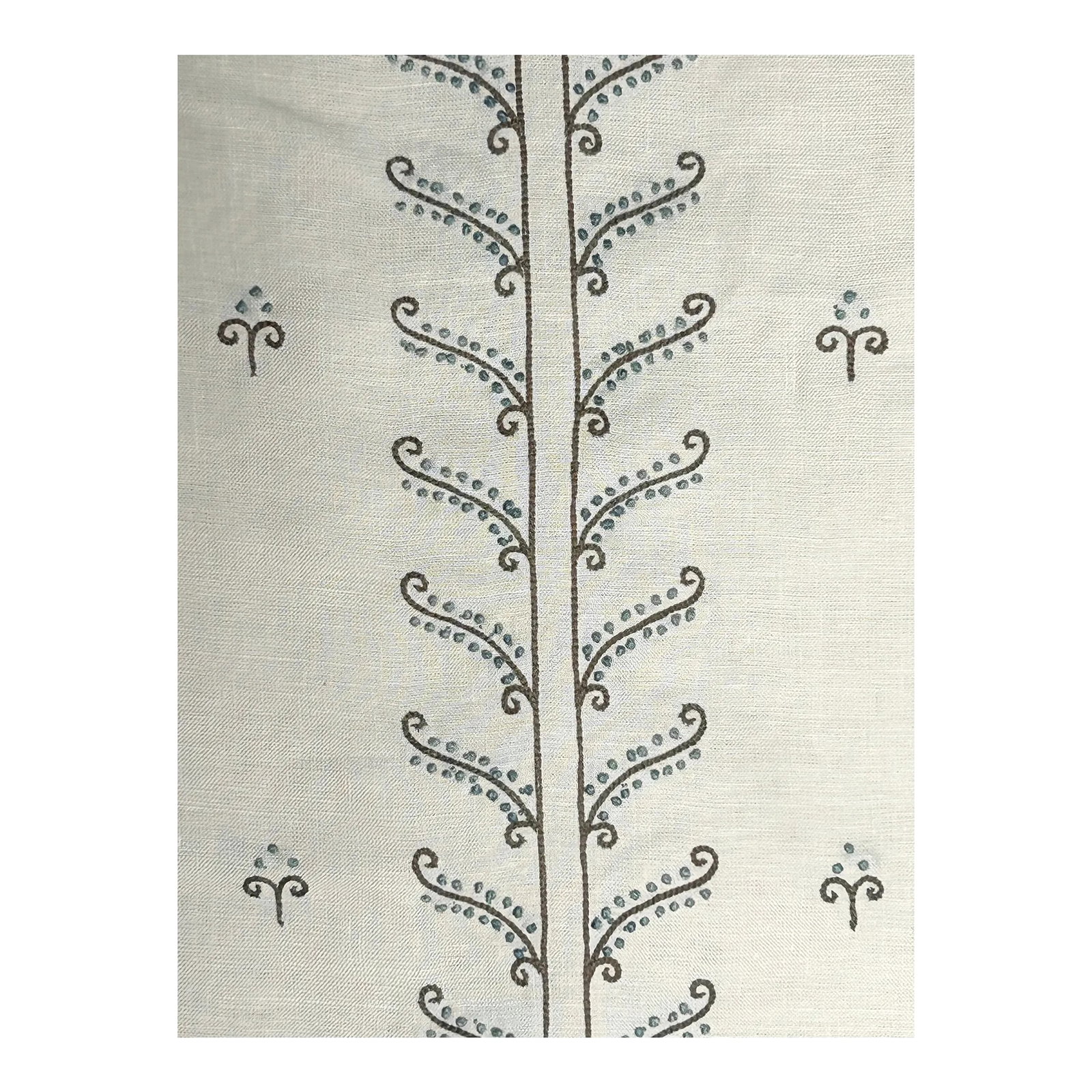Chelsea Textiles "Moghul Leaf Stripe" Embroidery- 6.25 Yards: Stylized 2 color vertical stalk in a 3 section layout. In between the vertical stripes are small seedlings on flowers from the tall plants. Classic timeless design. BRAND: CHELSEA TEXTILES DESIGN