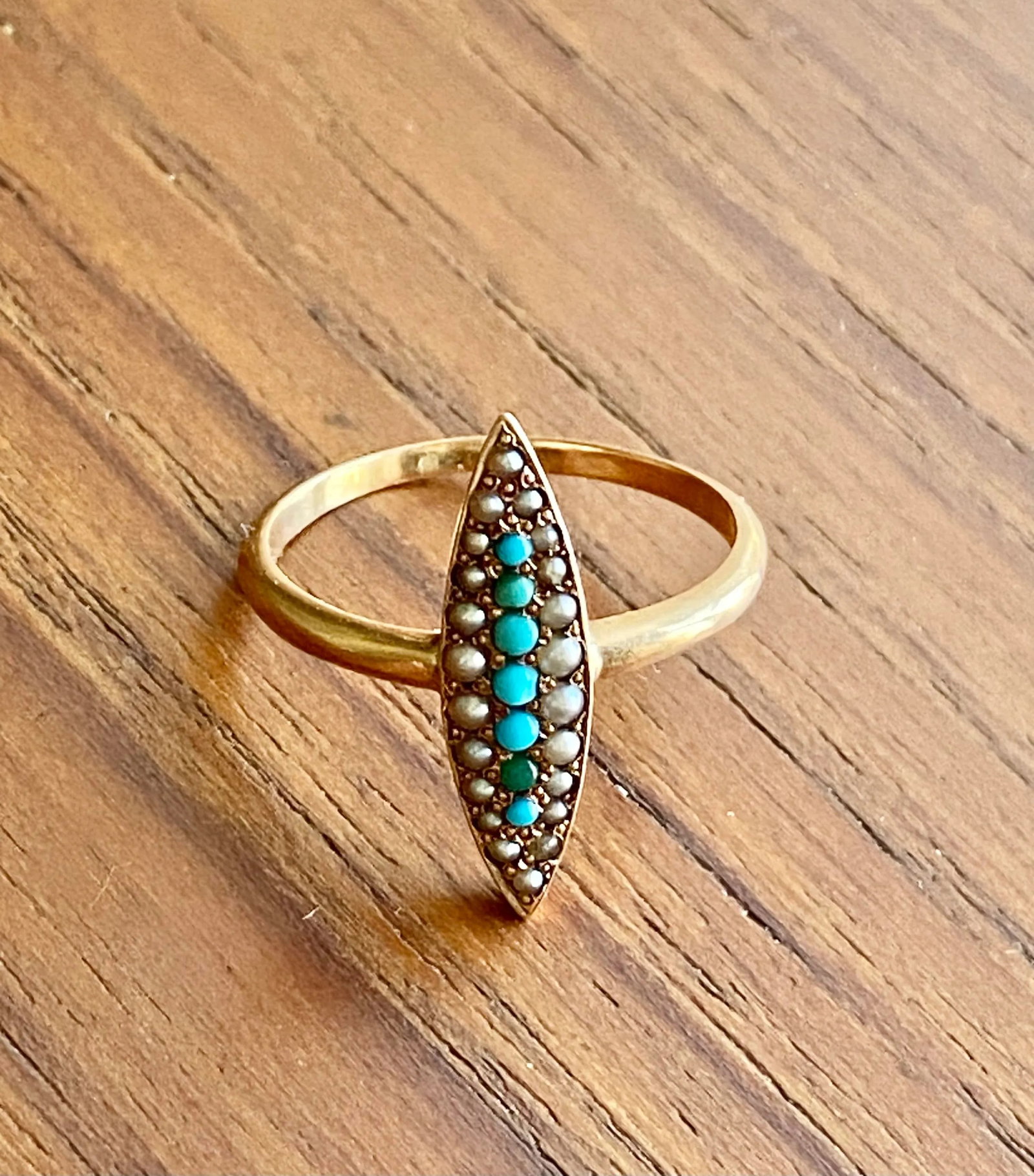 Turquoise + 14k Gold Marquis Ring Size 7.25 - 3